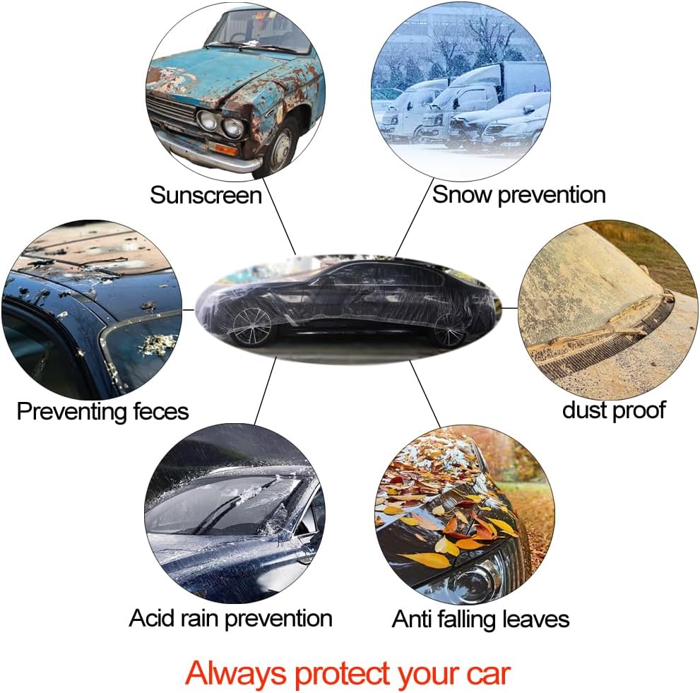 4 Packs Disposable Car Cover Clear Plastic Car Cover Universal Rain Dust Garage Cover with Elastic Band Medium (12.4 FT x 21.6 FT)