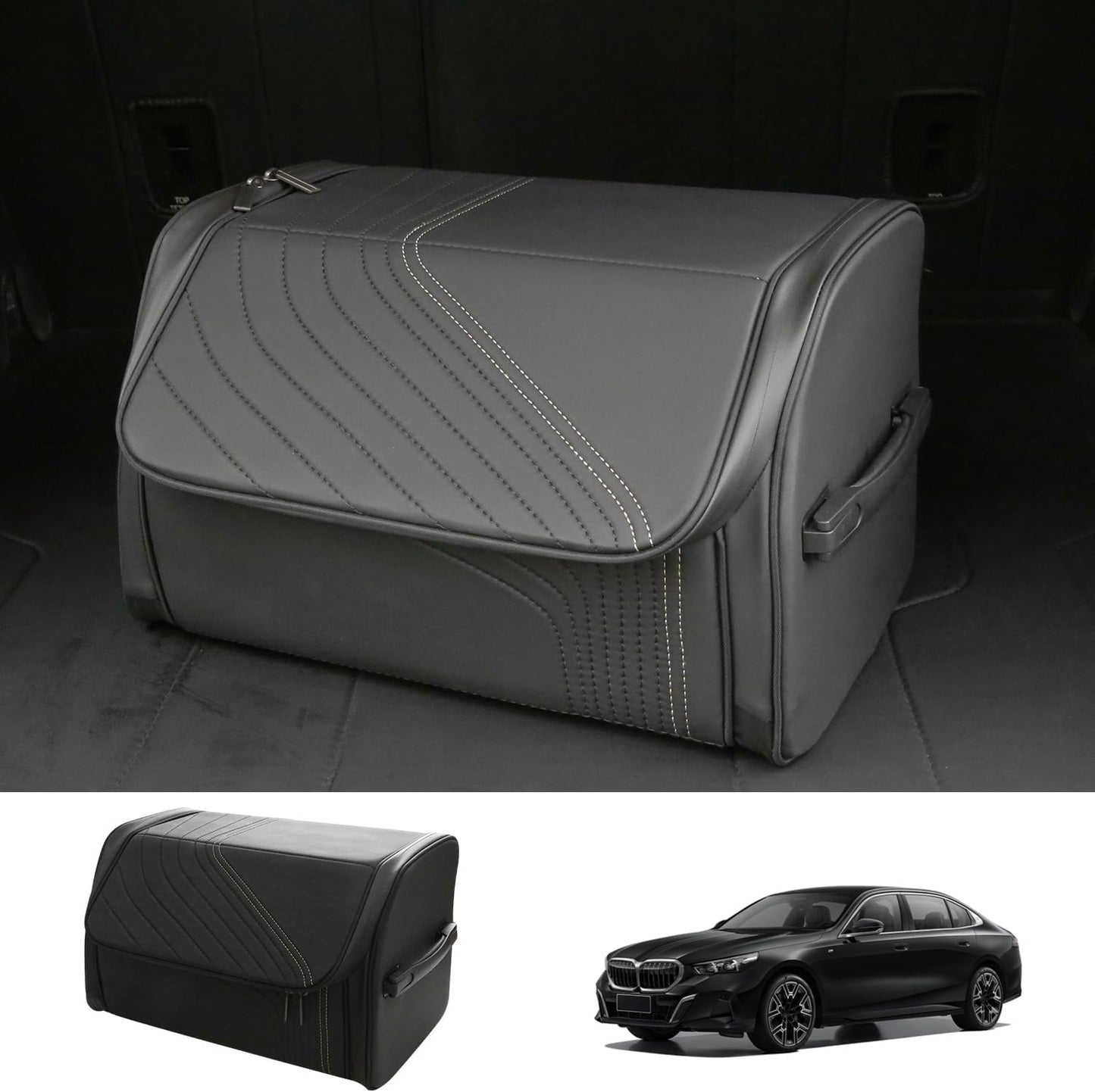 TOPABYTE Car Trunk Organizer with Lid Capacity Collapsible Bag Black, Small | Boot Organization Waterproof Foldable Durable Premium Leather Storage Box Cargo for BMW Jeep SUV Sedan Truck Accessories