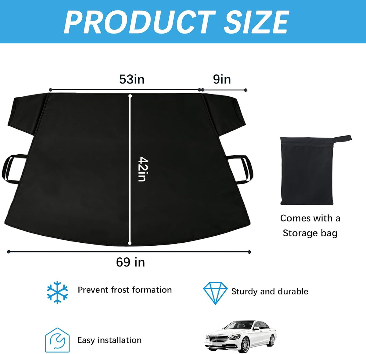 Windshield Cover for Ice and Snow, 600D Oxford Fabric Car Snow Cover, Frost Protector for Cars, SUVs & Trucks, Heavy Duty Windshield Cover with Anti-Theft Straps, Universal Fit, 69" x 42"