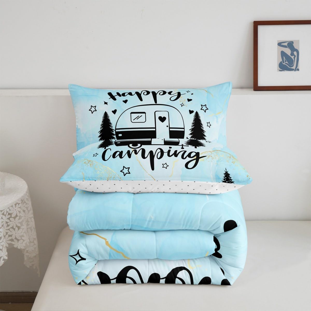 Manfei Happy Camping Camper Kids Comforter Set Twin Size,Star Pine Tree Mountain Bedding Set,Girls Boys Room Decor,Rustic Farmhouse Cabin Quilt Comforter,Blue Country Duvet Insert,1 Pillowcase