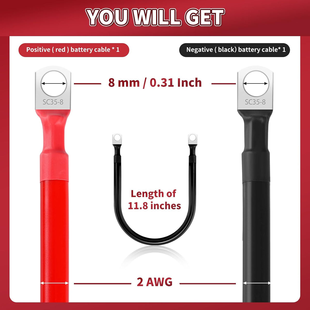 2 AWG Battery Cable 2 Pcs, 11.8 Inch Battery Cables with M8 Ring Terminals, Marine Batterys Cables Pure Copper, Batterys Ground Cable for Motorcycle, Car, Truck, Rv, Boat
