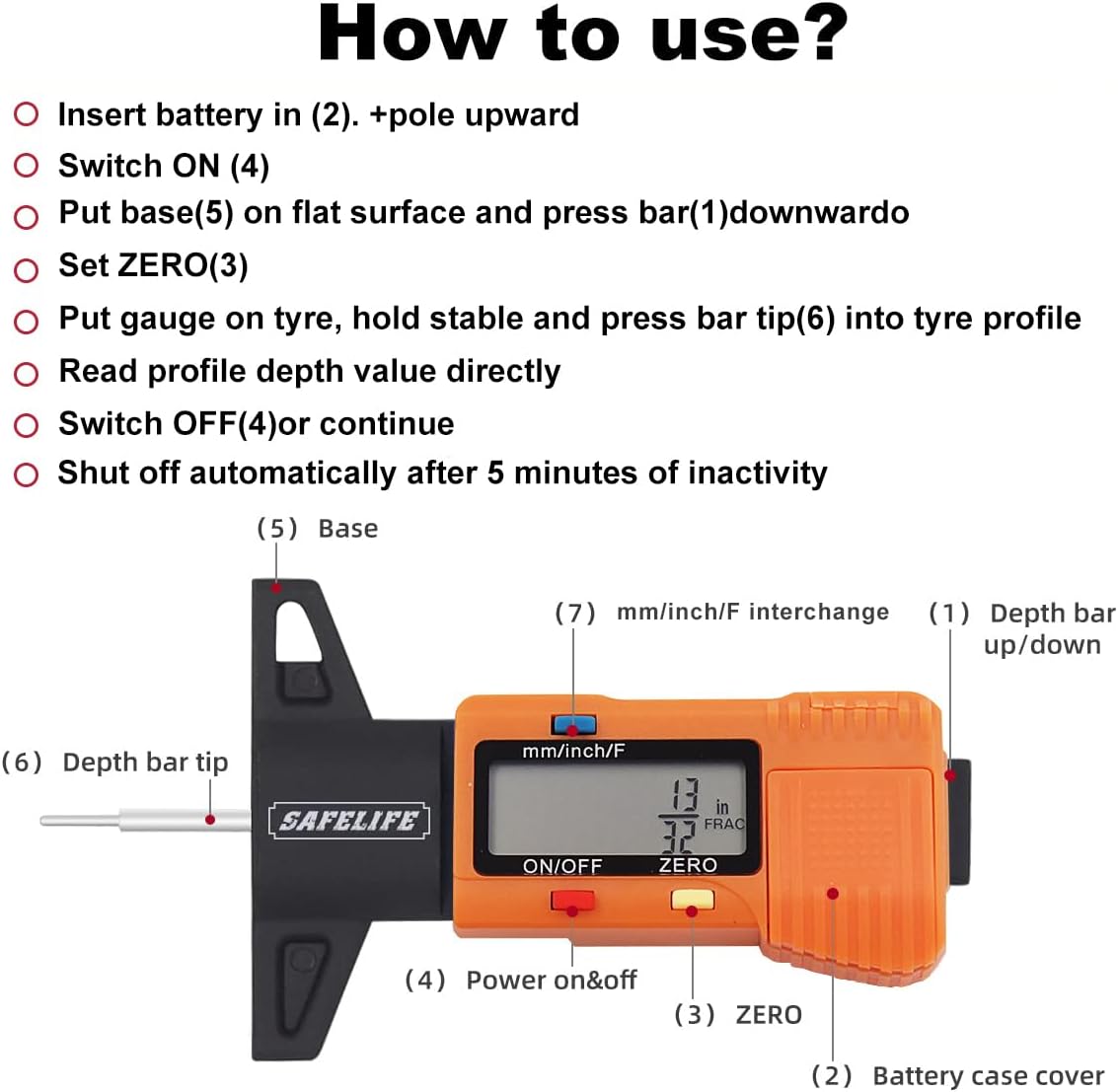 SAFELIFE Digital Tire Tread Depth Gauge, 3 Modes-Fractional Inch, Decimal Inch and Millimeter, Zeroable Tire Tread Depth Gauge for Motorcycles,Cars,Trucks Accurate Tyre Tread Depth Gauge-Orange