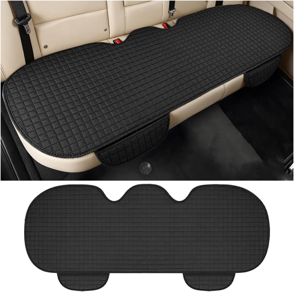 Car Back Seat Cover, Linen Breathable Vehicle Rear Bottom Bench Seat Protector with Storage Pocket, Anti-Slip Comfortable Long Automotive Rear Chair Cover, Universal for Vehicles (Black)