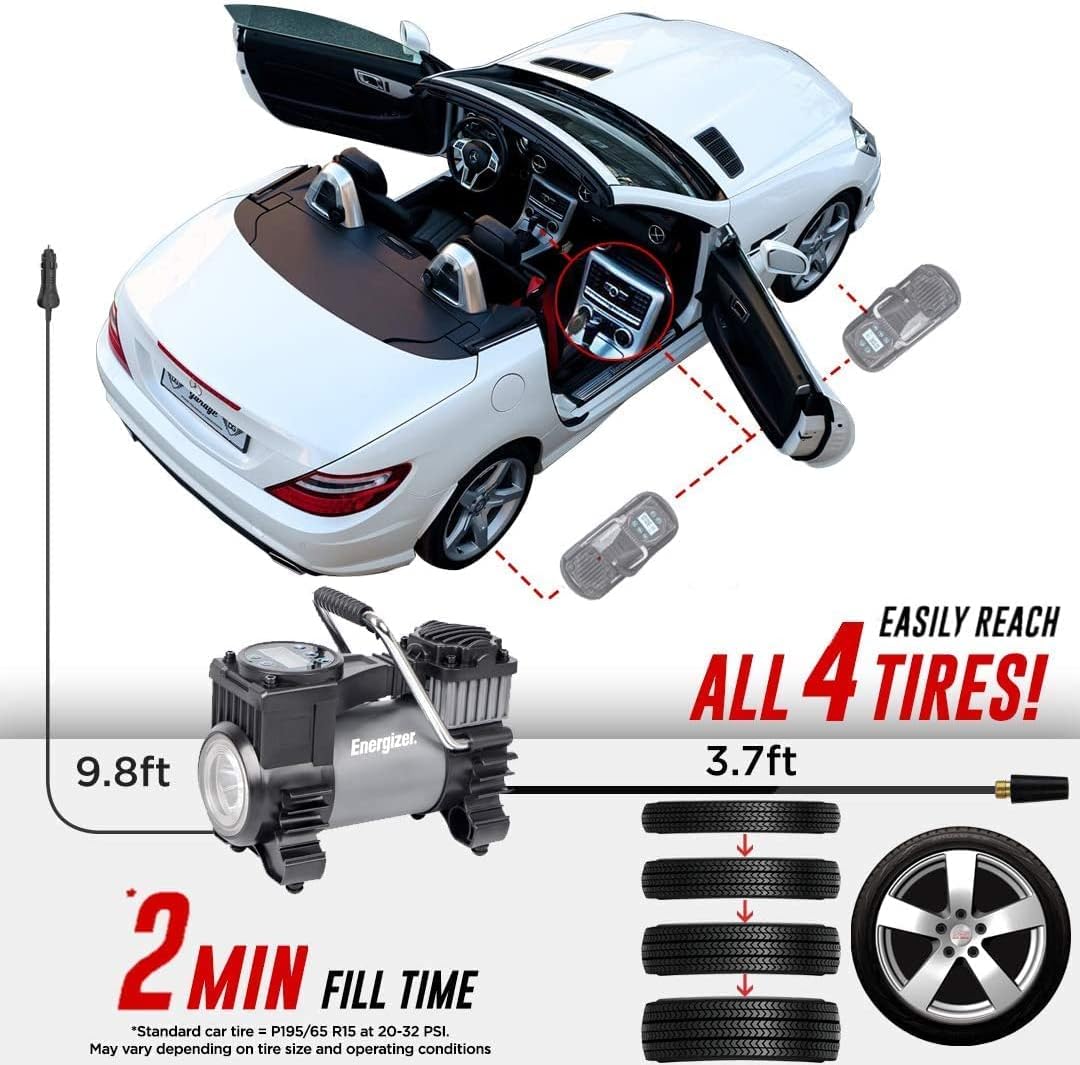 Energizer Air Compressor Portable Tire Inflator, 12V DC Air Pump for Car Tires with Digital Tire Pressure Gauge, 120 Max PSI, Preset Pressure Feature, LED, Digital Display - Includes Storage Bag