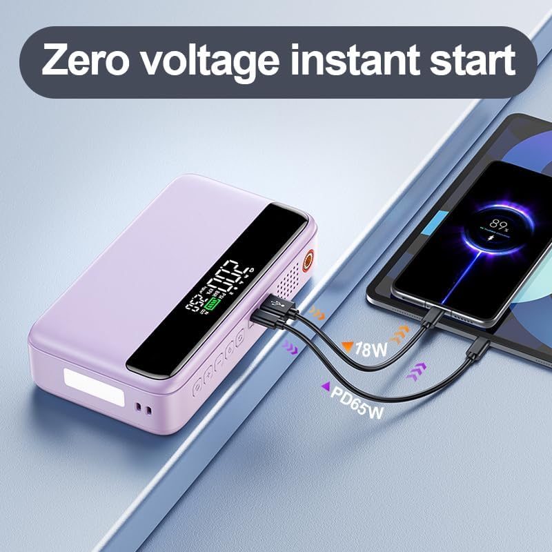 PD 65W Portable Car Jump Starter with Air Compressor,3000A Portable Jump Starter Pack with 150PSI Tire Inflator,(Up to 8L Gas/6.5L Diesel Engine),Fast Charging Power Bank (Pink)