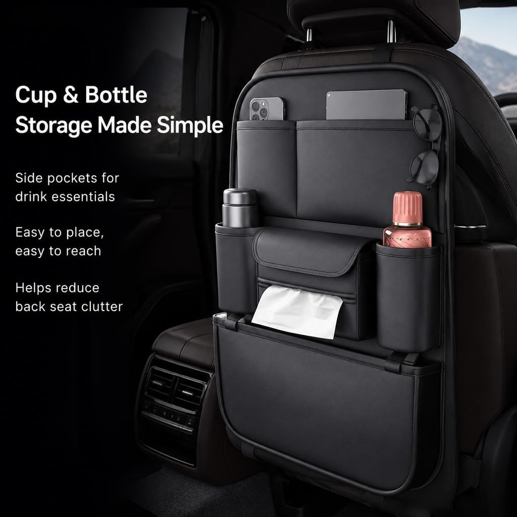 Leather Car Seat Organizer for Cars, SUV & Truck - Back Seat Headrest Storage Organizer with 6 Pockets, Large Capacity Waterproof Car Organizer Pocket for Phone, Bottle, Tissue, Toys