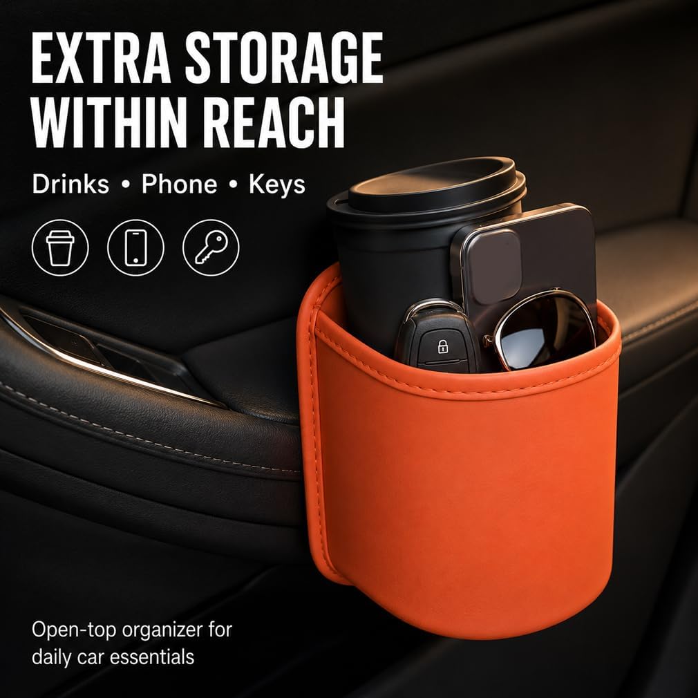 Leather Car Door Cup Holder, Wide-Mouth PU Leather Clip-On Organizer with Back Clip, Extra car Door Cup Holder for Drinks, Phone, Front Seat, Backseat, SUV, Truck，Red-2pcs
