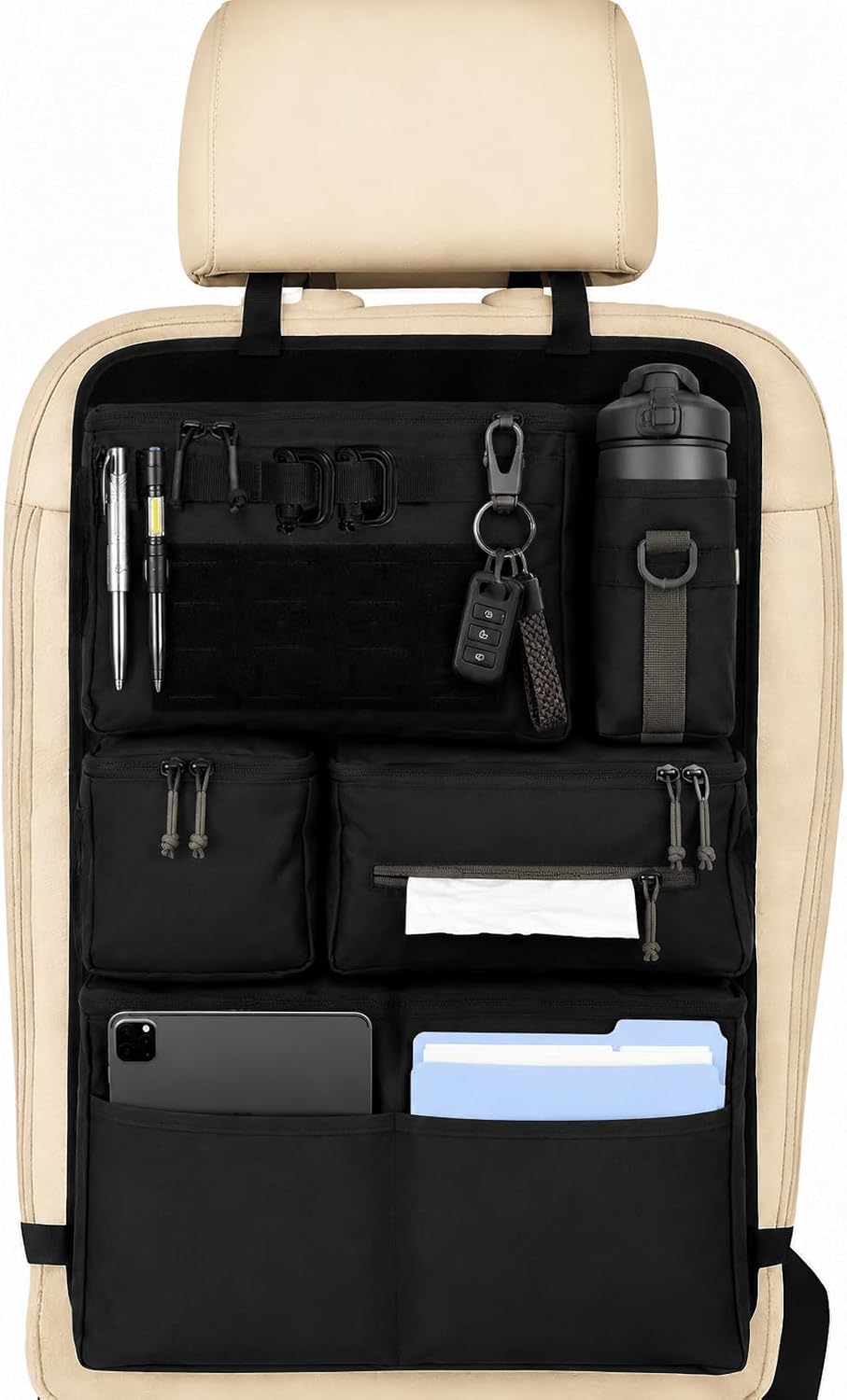 Tactical Seat Back Organizer With MOLLE Panel, Heavy Duty Car Back Seat Storage With Multiple Pockets And Hook And Loop Panel, For EDC Gear, Fits SUV Truck Jeep