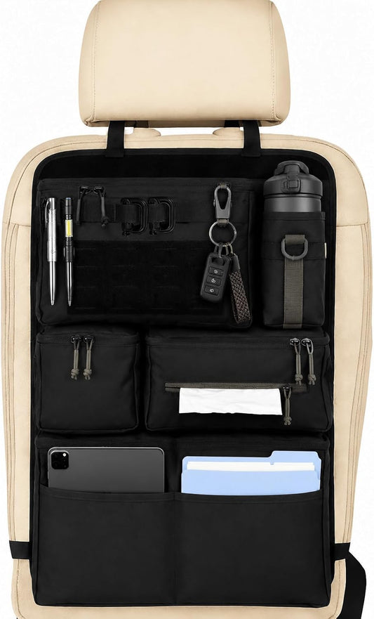 Tactical Seat Back Organizer With MOLLE Panel, Heavy Duty Car Back Seat Storage With Multiple Pockets And Hook And Loop Panel, For EDC Gear, Fits SUV Truck Jeep