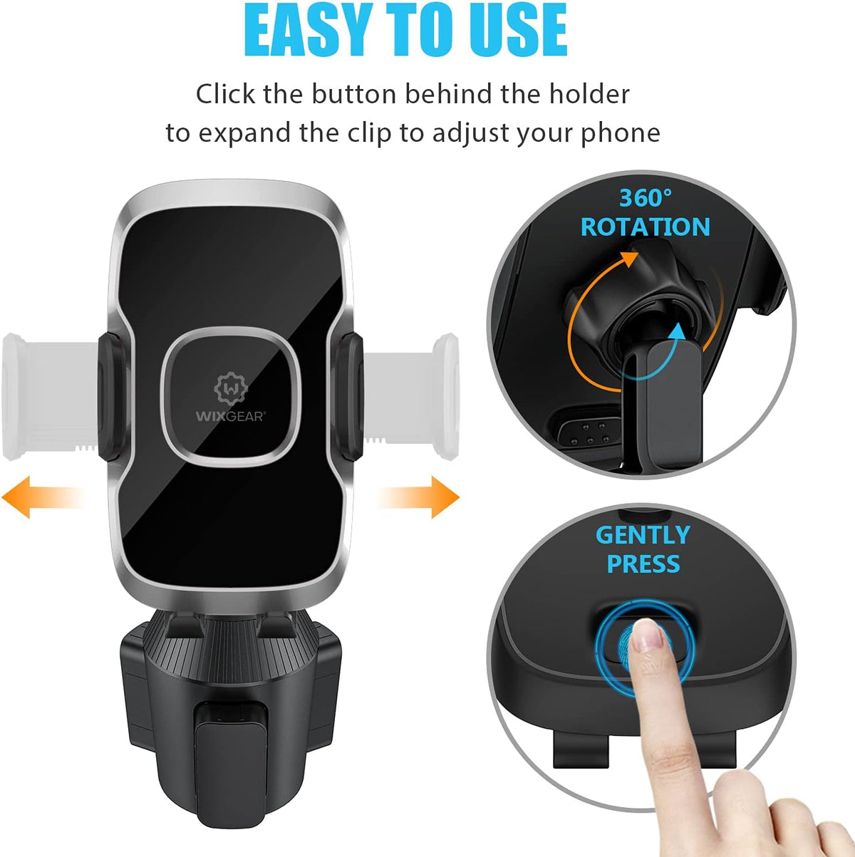 Cup Holder Phone Mount with Adjustable Neck, Cellphone Holder for Car, Upgraded Cup Phone Holder for Car, Compatible with iPhone, Samsung, Google, Expandable Side Arm, Sturdy Base