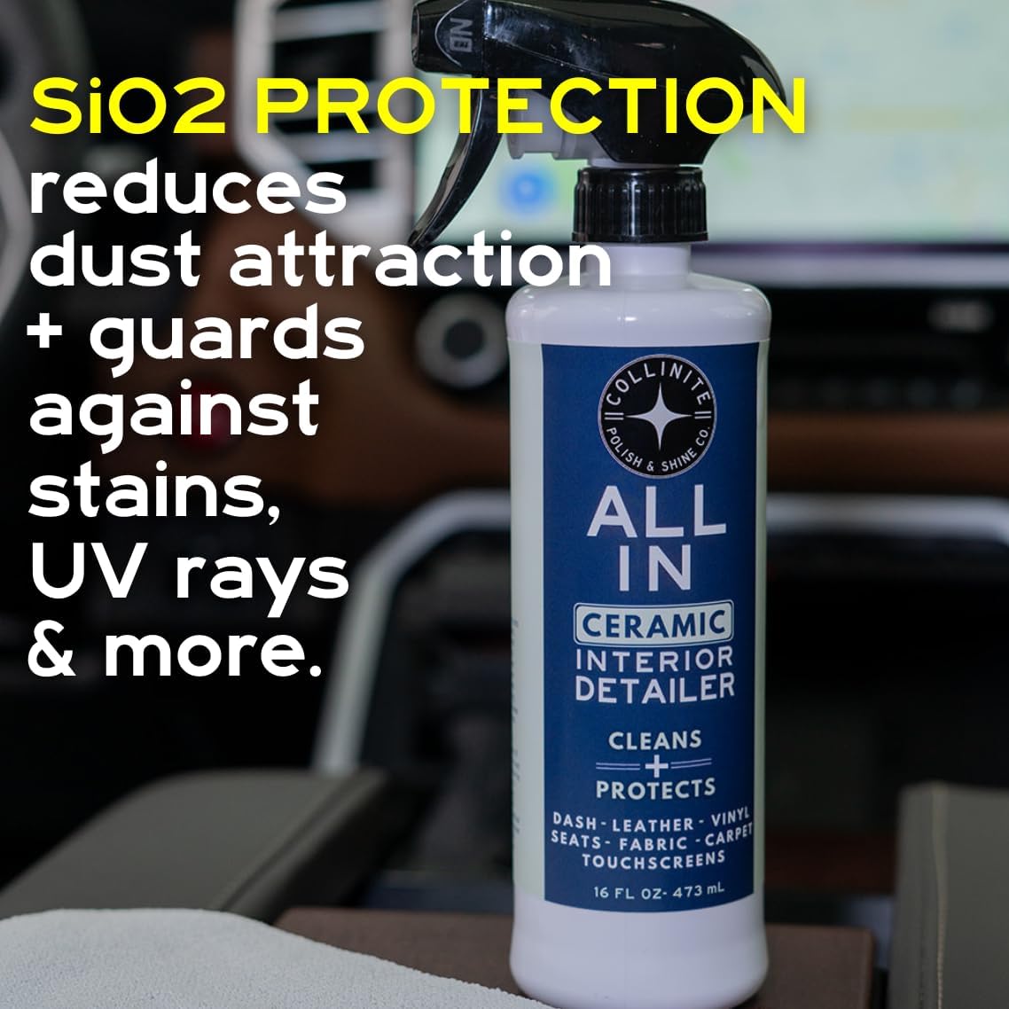 Collinite No. 21 All-In Universal Ceramic Interior Detailer – Easy Spray & Wipe Cleaner + SiO2 UV Protection for Leather, Vinyl, Rubber, Plastic, Fabric & Screens – Fresh Scent – For Cars, Boats, RVs