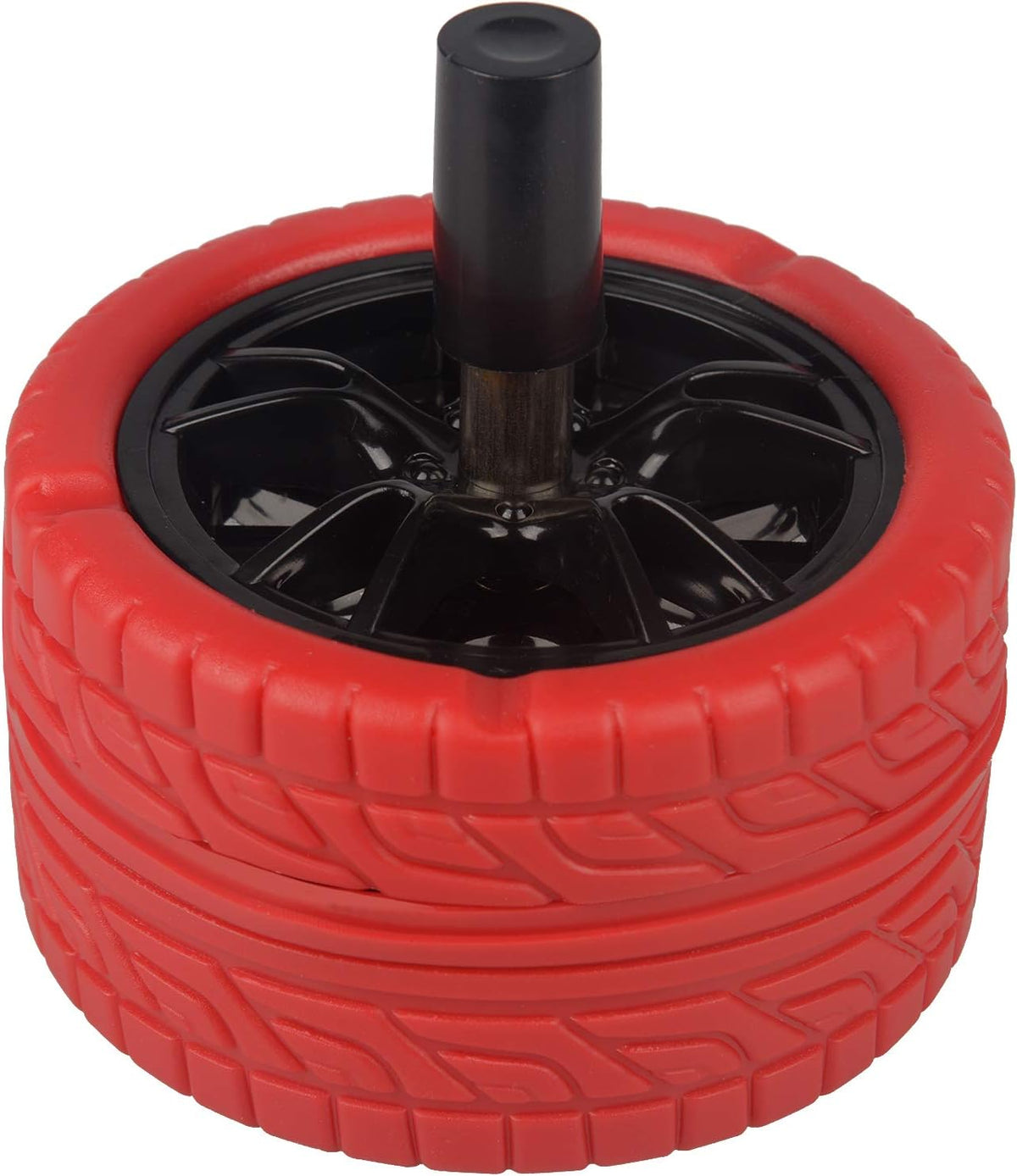 ONE250 Round Car Tire Shape Push Down Stainless Steel Modern Tabletop Cigarette Ashtray with Spinning Tray, Cigarette Ashtray for Indoor or Outdoor Use (Red, Black Wheel Rim)
