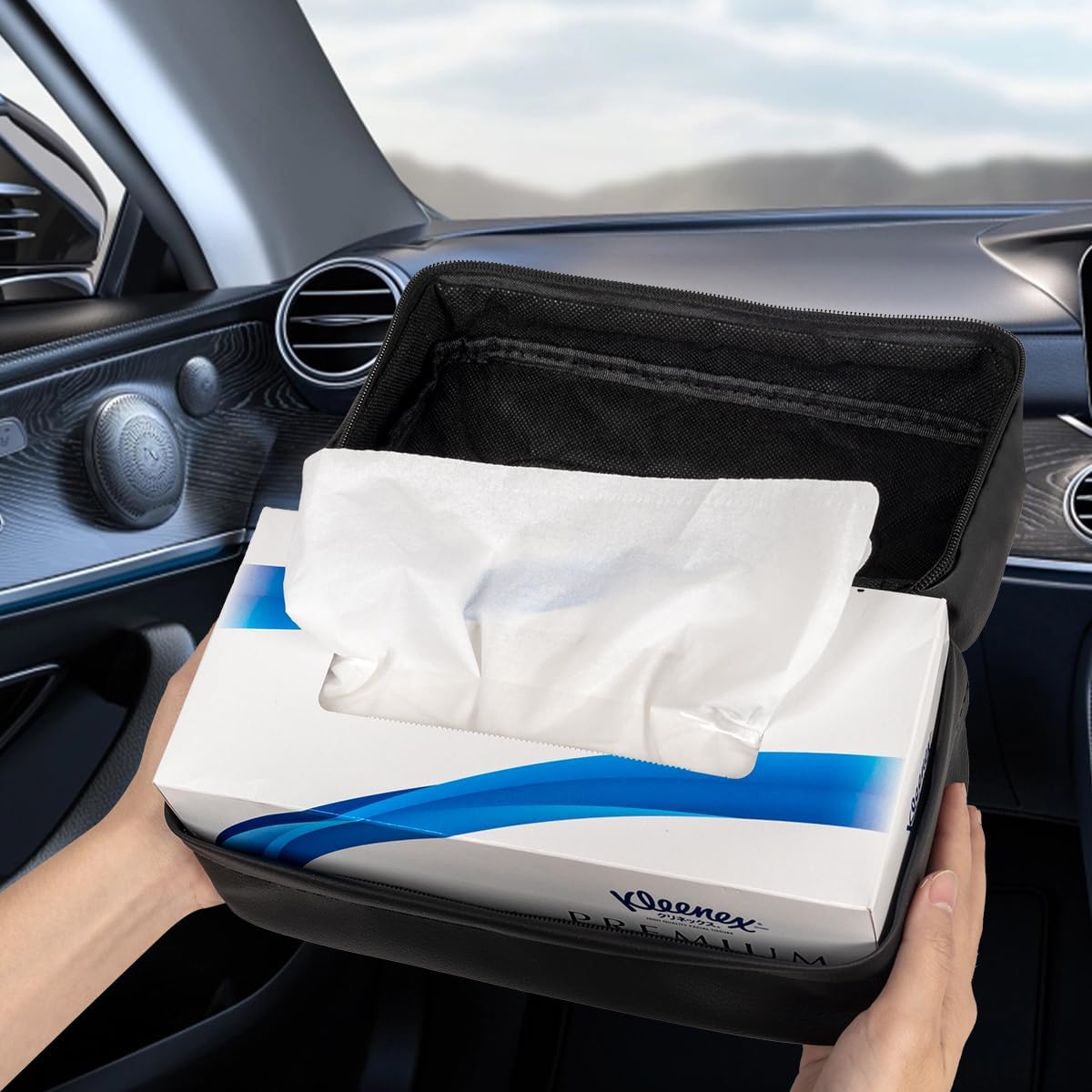 Car Tissue Holder - Standard Pu Leather Napkin Holder for Backseat, Extra Large Organization Fits 120-230 Tissues Per Box, 9.84'' X 4.72'' X 5.91'', Black