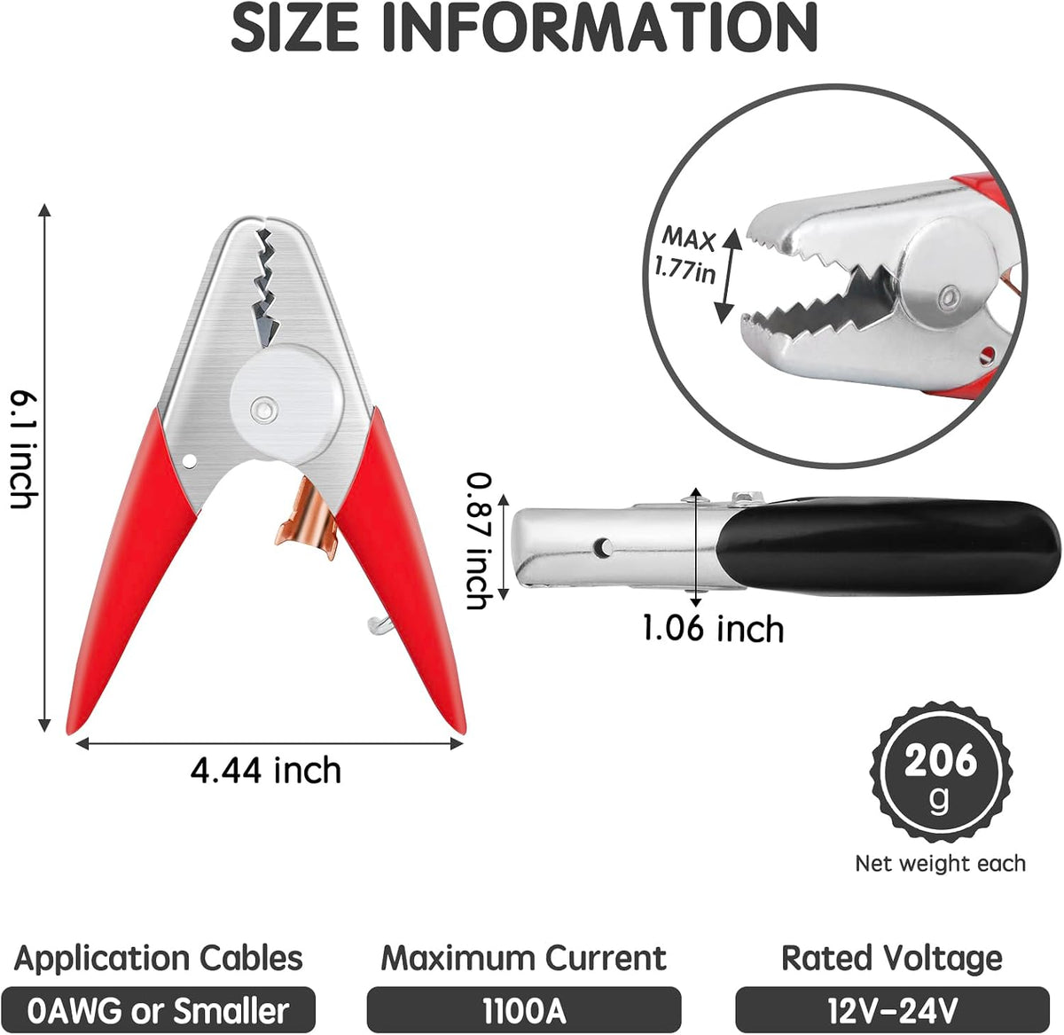 Jumper Cable Clamps Heavy Duty 4 Pcs, Battery Clamps 1100A Jumper Cable Ends 6 Inch Battery Charger Ends Alligator Clips Electrical for Replacement Under 0 AWG Wires 12V/24V by XIOGZAXI