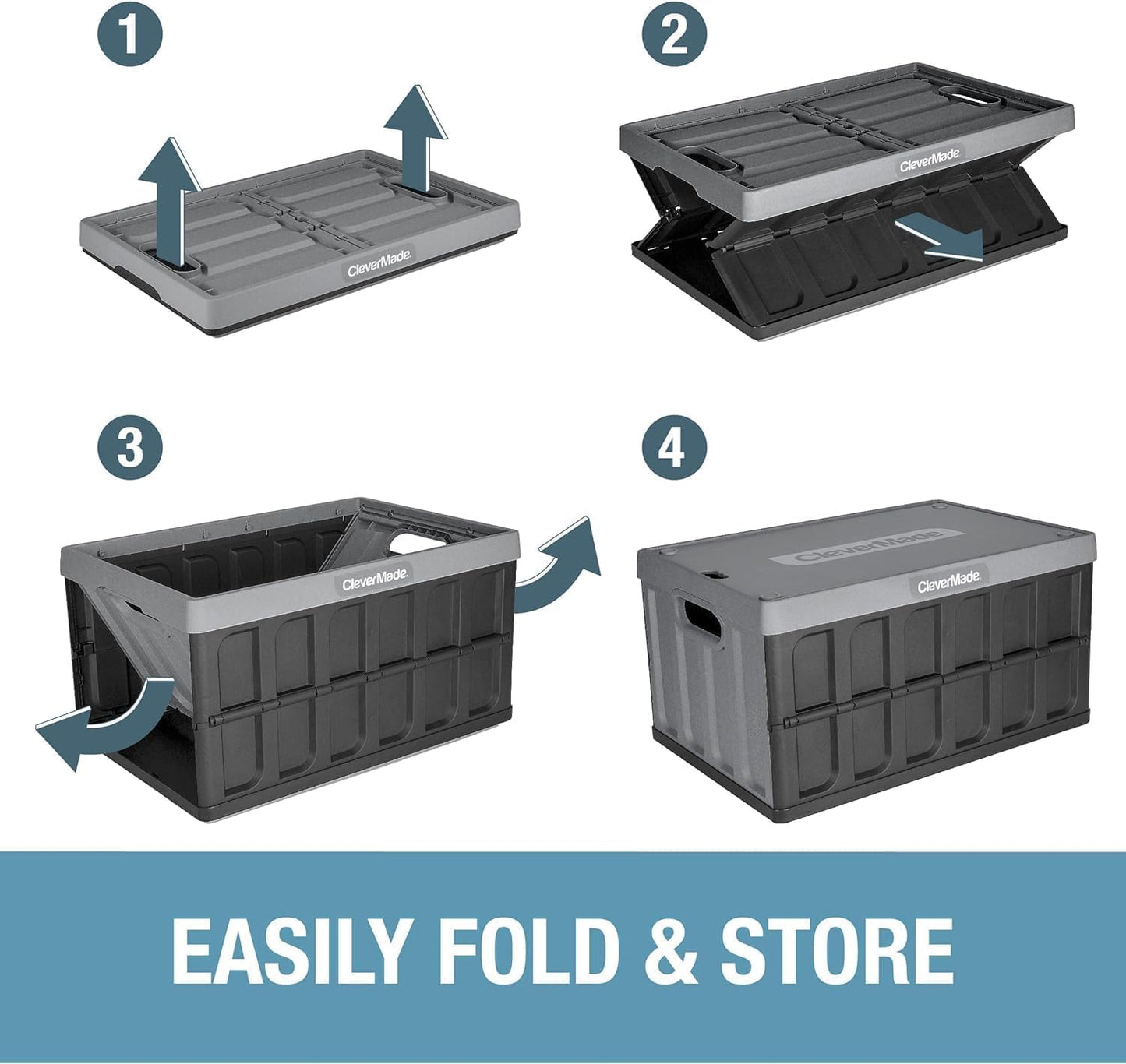 CleverMade Collapsible Storage Bins with Lids (46L, 3 Pack) – Stackable Foldable Plastic Storage Crates for Home, Closet & Trunk Organization - Obsidian