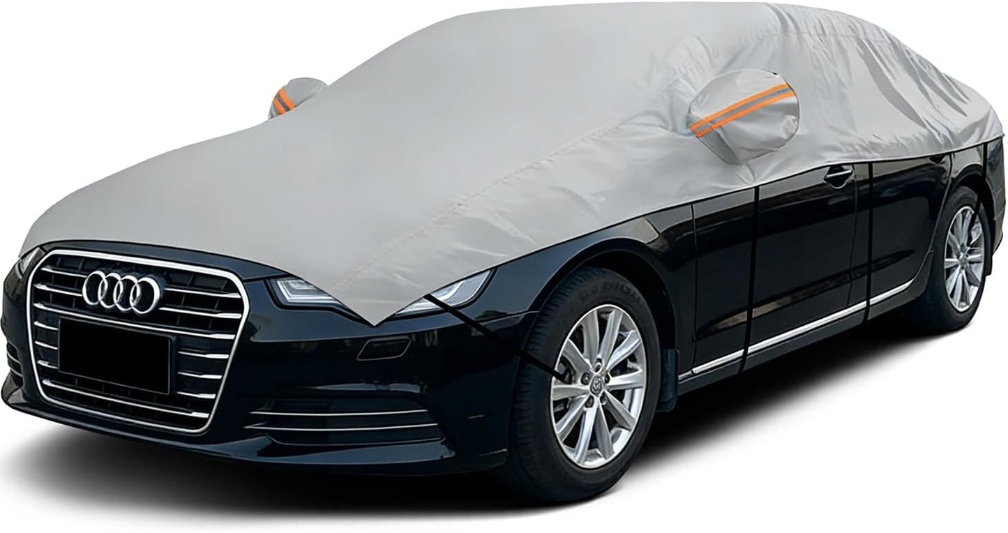Half Car Cover for Sedan M, Winter Windshield & Roof Snow Cover with Cotton Liner, Waterproof Half Top Cover Protects from Snow, Ice, Frost, Sun and Dust, Fits Most Medium Size Sedans