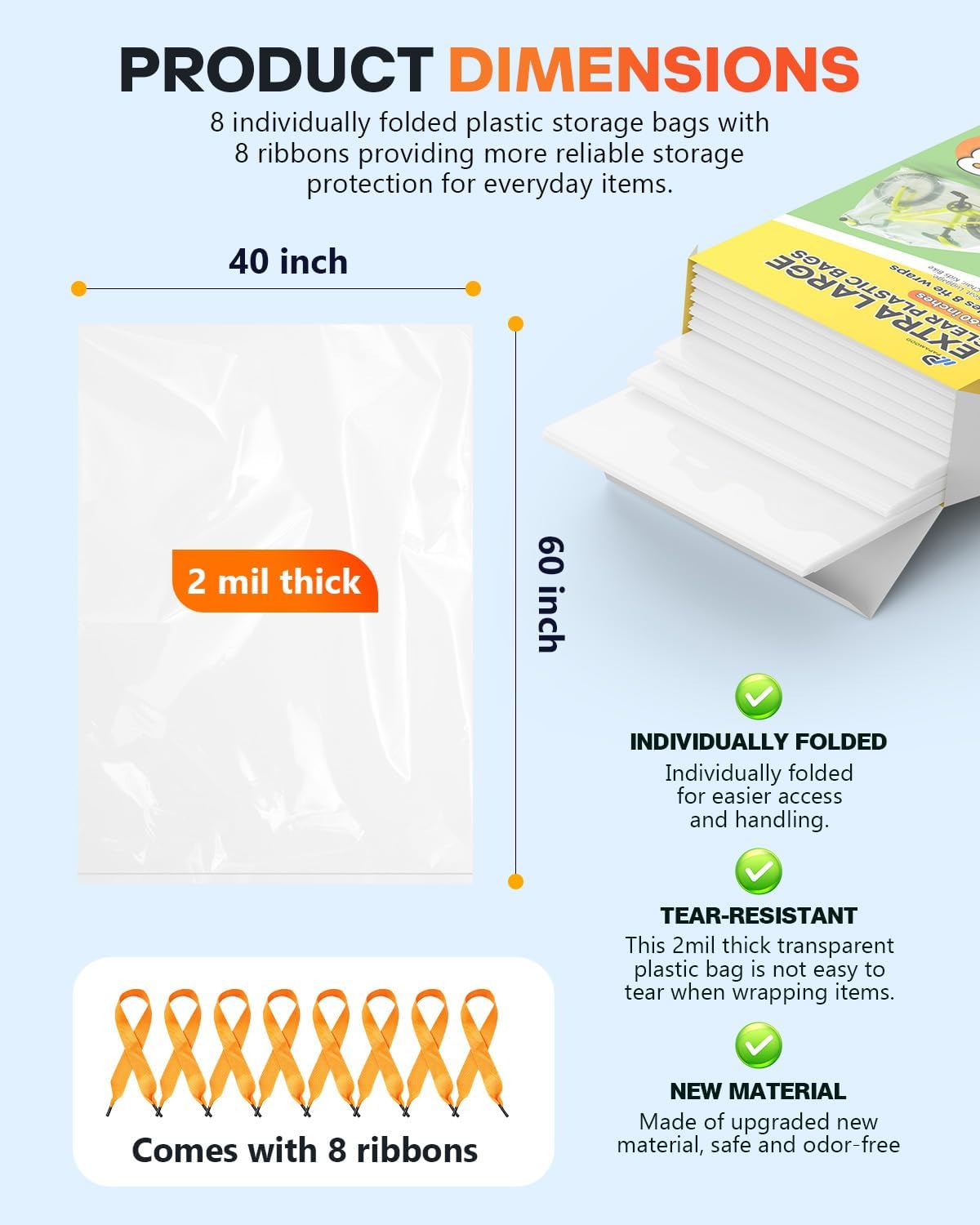 40x60 Inch Extra Large Clear Plastic Storage Bag for Luggage Cover, 8 Pack | 2 Mil Thick Poly Flat Bags for Suitcase/Rug/Car Seat/Stroller/Chair/Xmas Tree Cover, Attic Basement Garage Storage Moving Bag