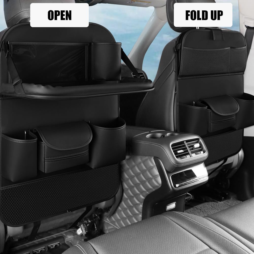 2PCS Car Backseat Organizer Seat Back Protectors Kick Mats with Foldable Table Tray, PU Leather Car Storage Organizer with Tablet Holder, Car Tissue Holder Kids Toys Storage Travel Accessories (Black)