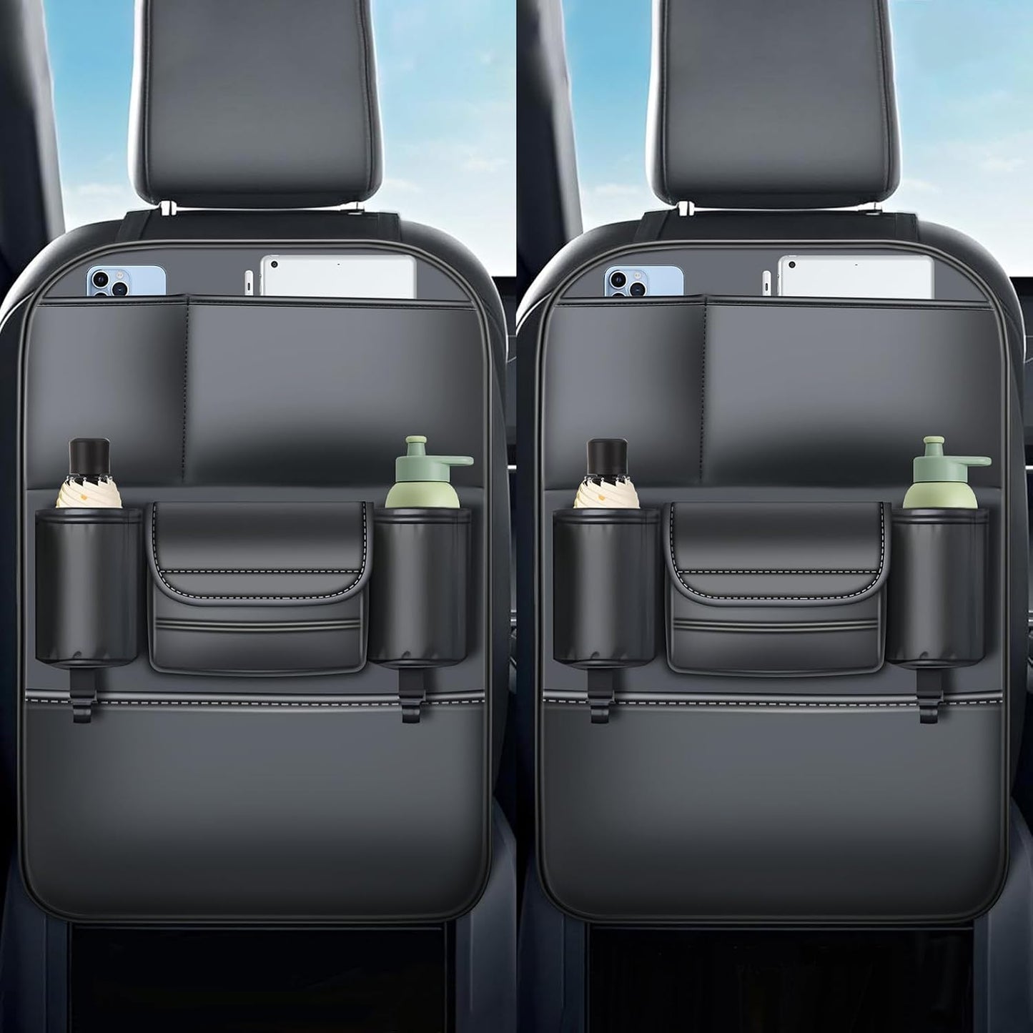 Backseat Car Organizer Leather Back of Seat Car Organizers for Kids Drivers Waterproof Kick Mats Seat Back Protector with Large Capacity 6 Storage Pockets