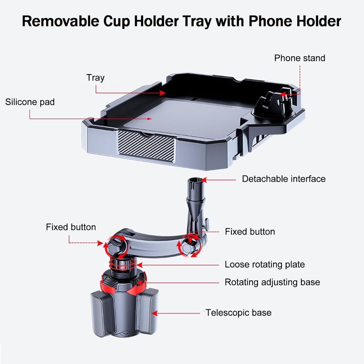 Larger Car Cup Holder Tray, 9~11 inch Expandable Car Food Tray for Eating Hamburger/Snacks, Car Travel Cup Coffee Table Stand 360° Rotating Tray Table with Phone Holder, Road Trip Essentials