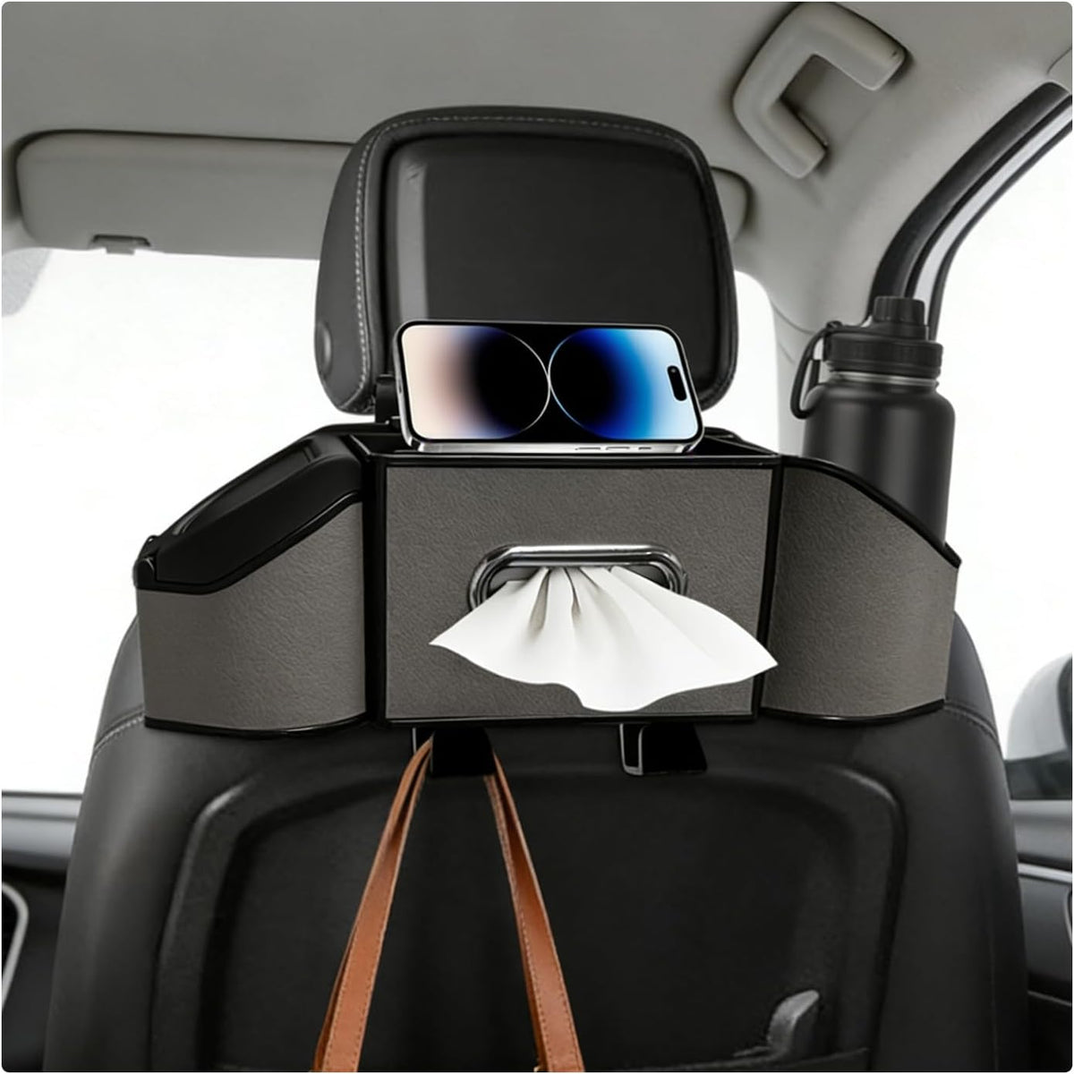 Car Backseat Organizer, 7-in-1 Auto Seat Back Drink Cup Holder Organizer with Tissue Box & Hooks, Multifunctional Vehicle Headrest Storage Box for Hold Phone Snacks Drinks (Gray)