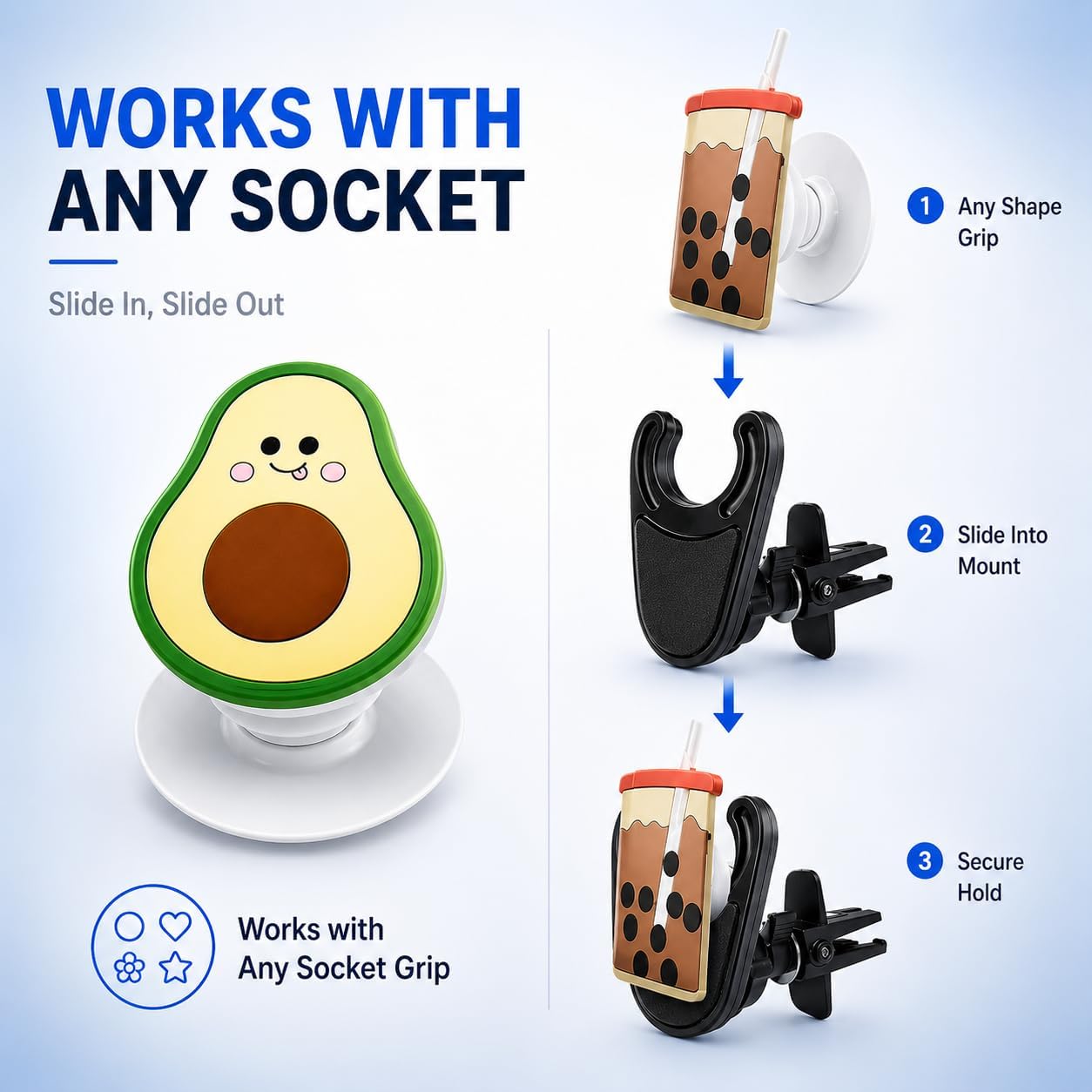 MCCHJoy 2X-Hold Magnetic Car Mount for PopSockets, Easy to Install Air Vent Mount, Adjustable and Secure, Fits All Phones All Socket Grips, Upgraded Vent Clip
