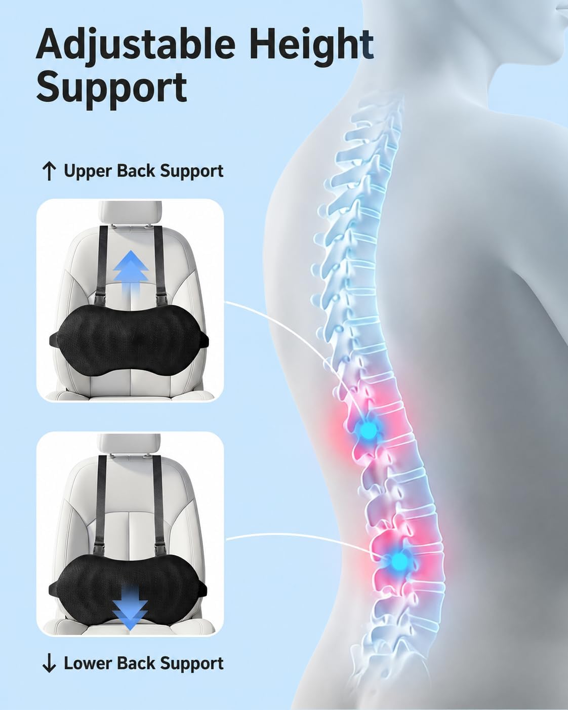 YFONG Lumbar Support Pillow for Car Seat, Back Support with Adjustable Straps Securely Fixed for Driving Seat Pain Relief, Office Chair Car Essentials Back Cushion, Black