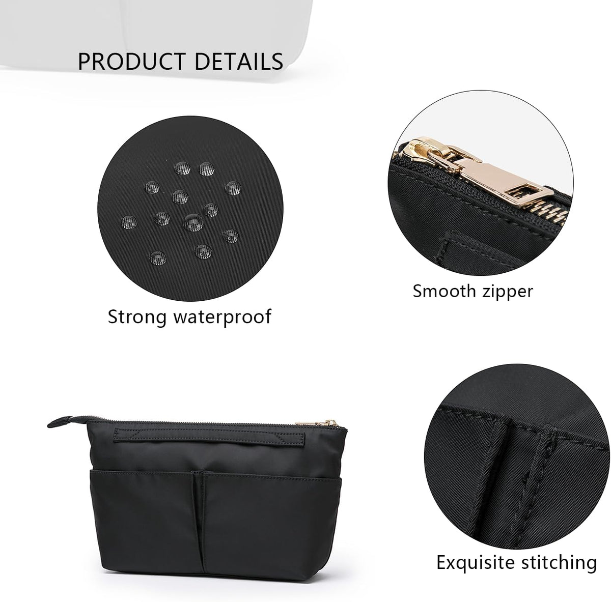 Cosmetic Bag Storage Organizer Insert Lightweight Waterproof Nylon Fabric with Zipper Closure Ideal for Travel Tote Bags（nylon-black）