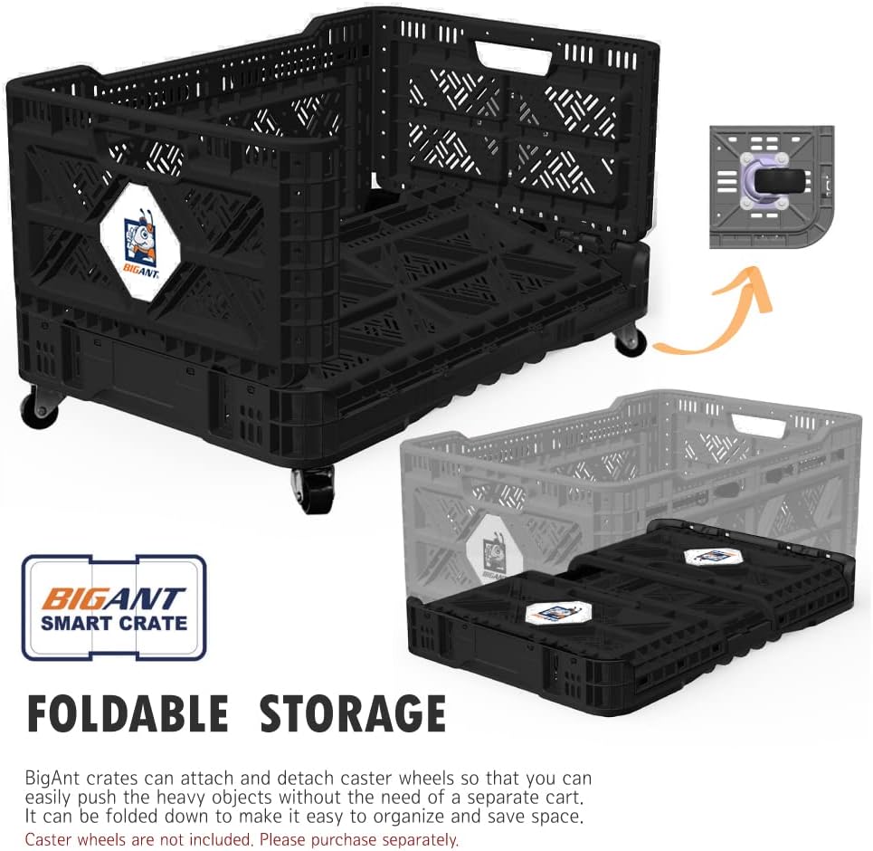 Bigant Heavy Duty Collapsible & Stackable Plastic Milk Crate - Snap Lock Foldable Industrial Garage Storage Bin Container Utility Tote Basket (Black, 1 Medium Crate)