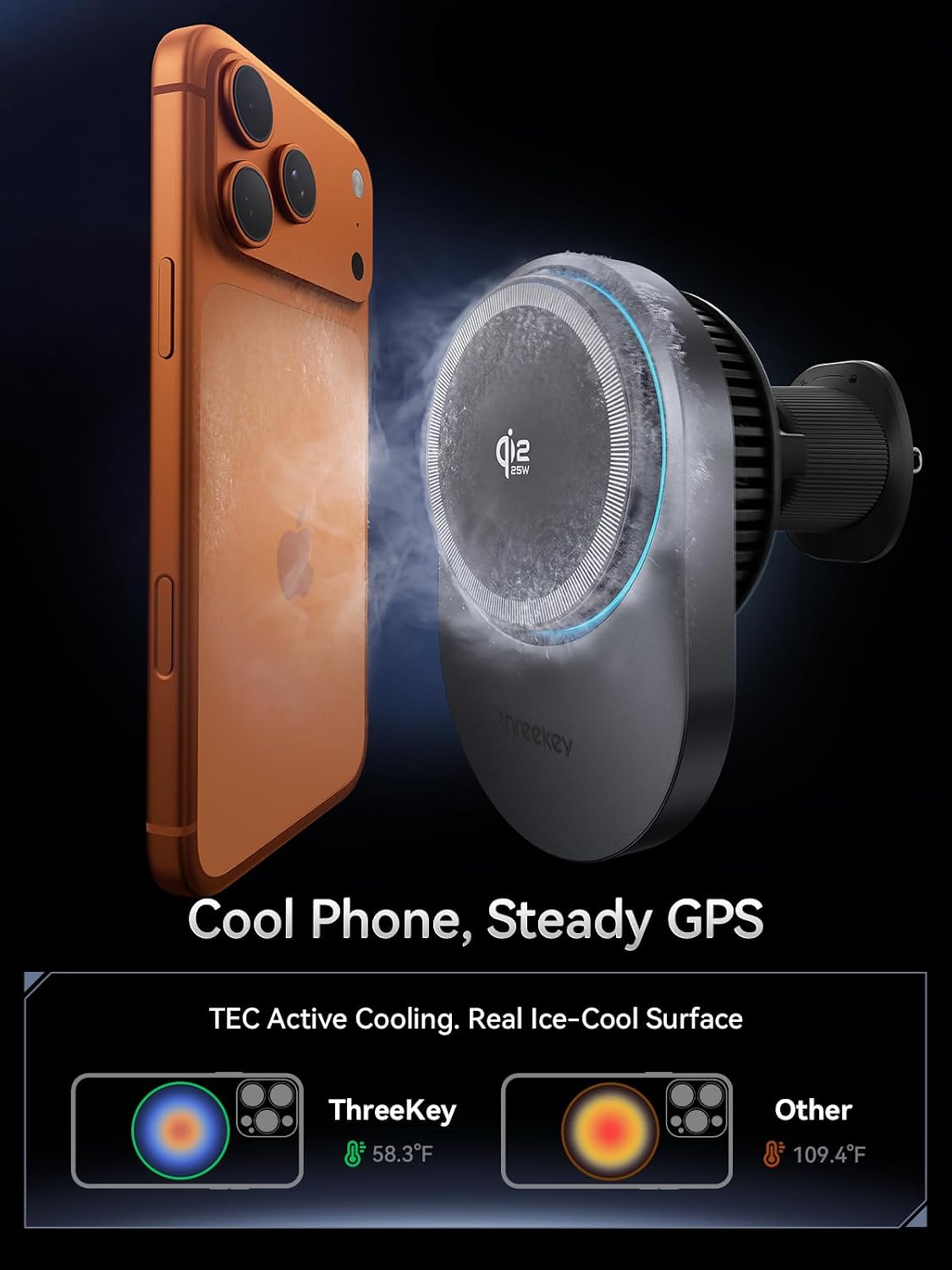 THREEKEY Magnetic Car Mount Charger Lite Qi2 25W Charging with TEC Cooling