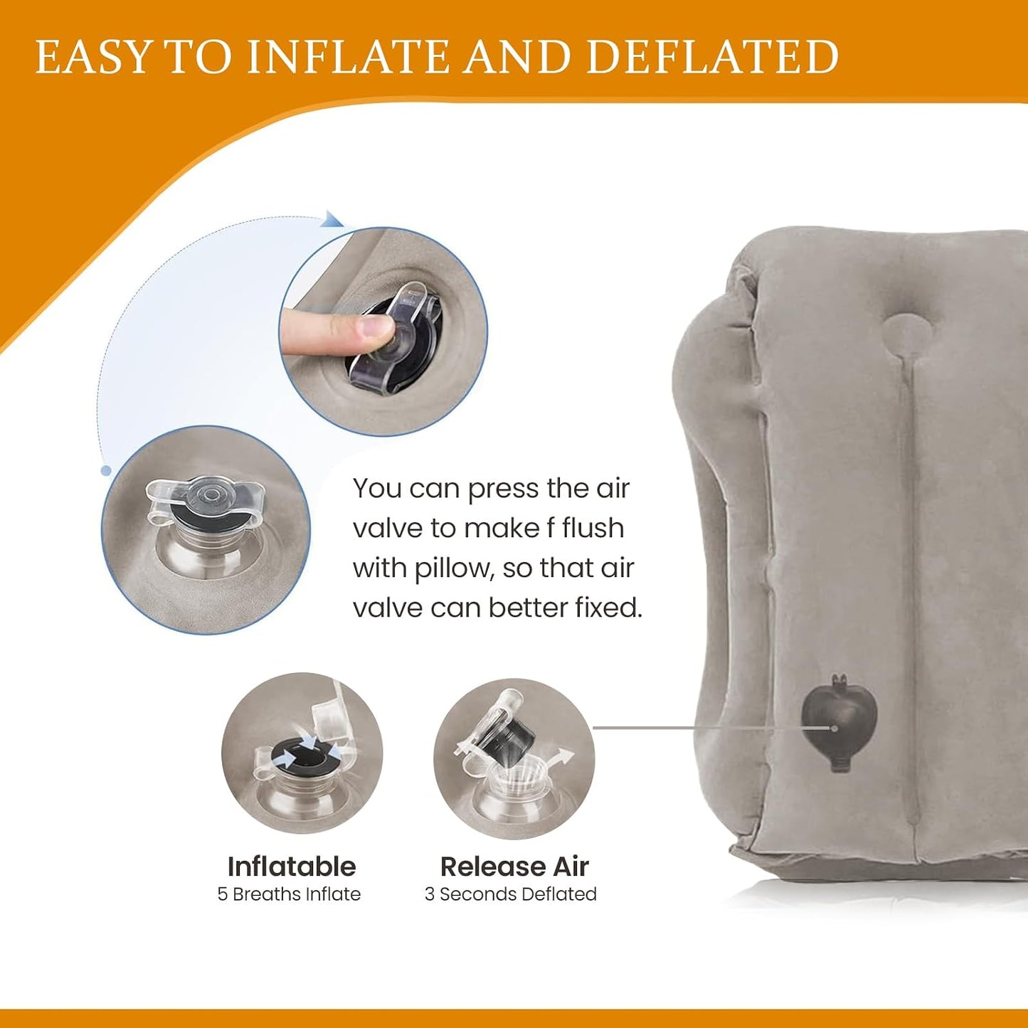 Inflatable Travel Pillows for Airplanes, Blow Up Travel Pillow for Train Office Car with Chin and Neck Support, Inflatable Travel Pillow for Sleep Support with Eye Mask, Bag & Earplugs_Gray