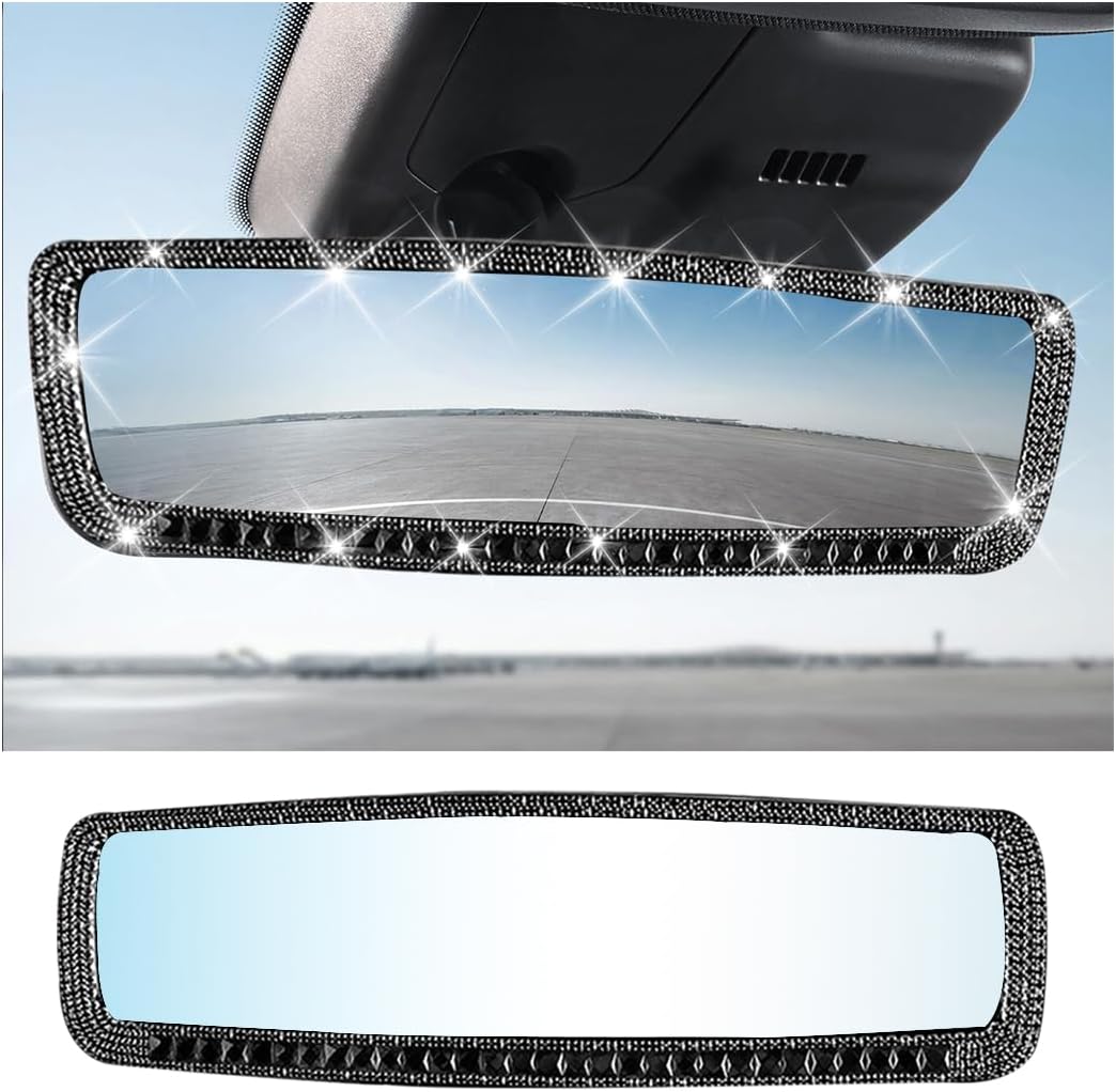AUCELI Car Rear View Mirror, Bling Rhinestone Interior Rear View Mirror with HD Glass, Wide Angle Clip-On Rearview Mirror with Glitter Crystal Diamond, Car Decoration Accessories for Women (Silver)