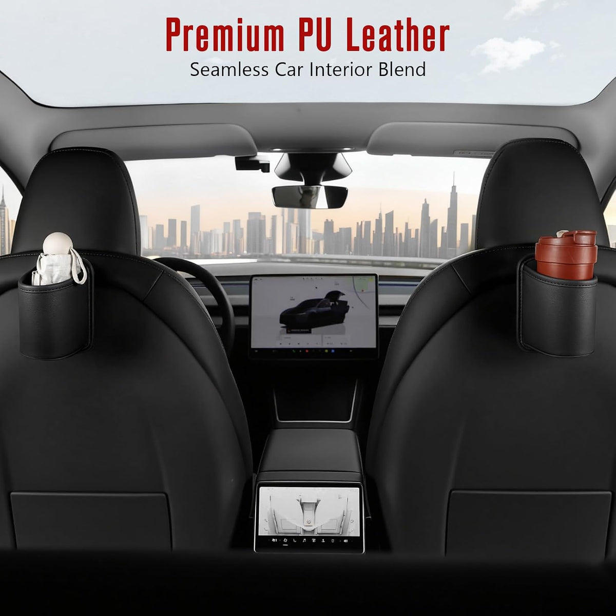 Leather Car Door Cup Holder Organizer (2-Pack) | Anti-Sag Clip On Backseat Cupholder for Side Door, Front Seat | Extra Auto Drink Holder Standard 3.22" Fit for 20-30oz Tumbler | Ideal for Sedans & EVs
