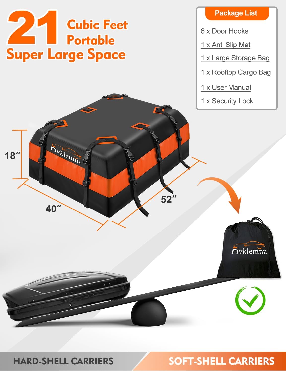 FIVKLEMNZ 21 Cubic Rooftop Cargo Carrier Waterproof Soft Car Roof Bag