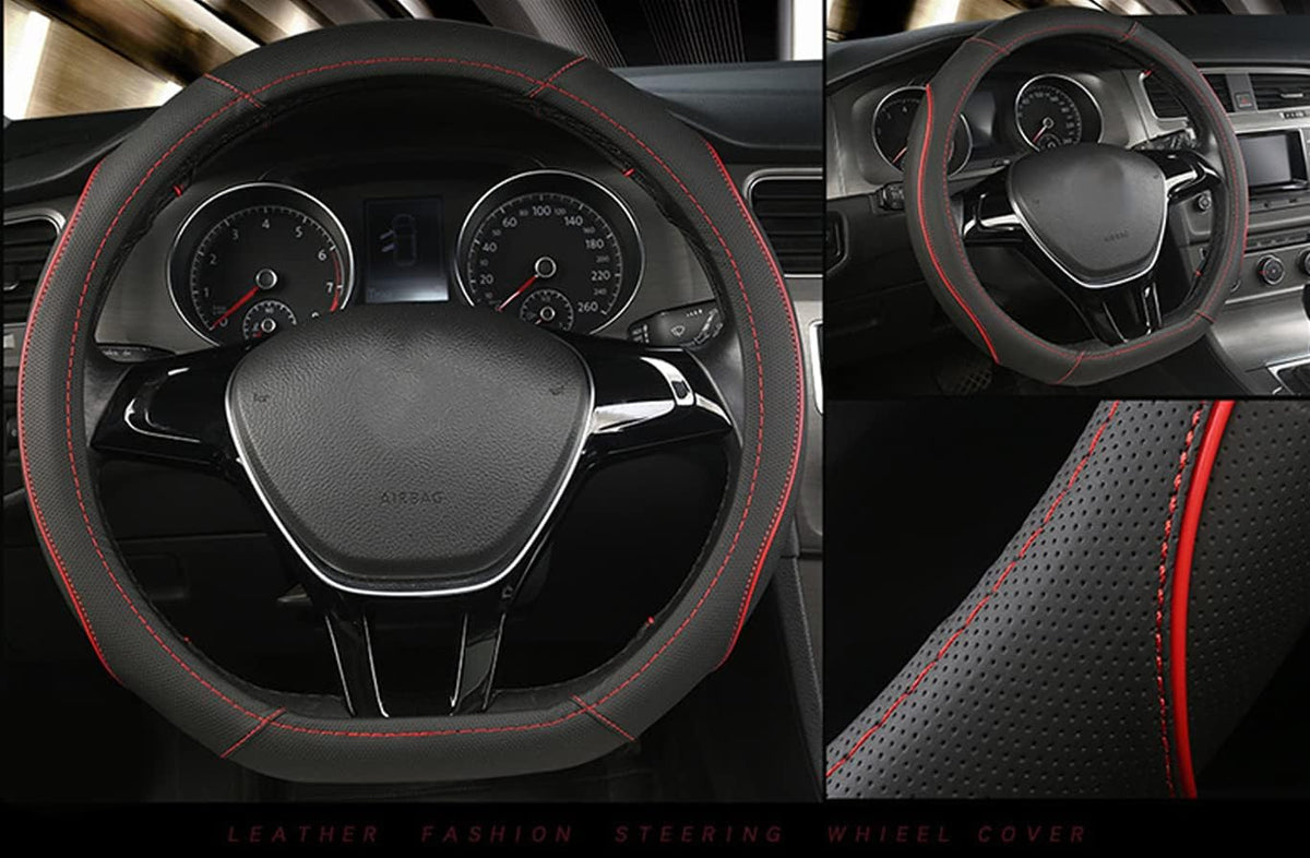 D Shape Car Steering Wheel Cover, Universal 15 inch Stitching Color Anti-Slip Steering Wheel Protector, Red and Black Style (Red and Black D Shape)