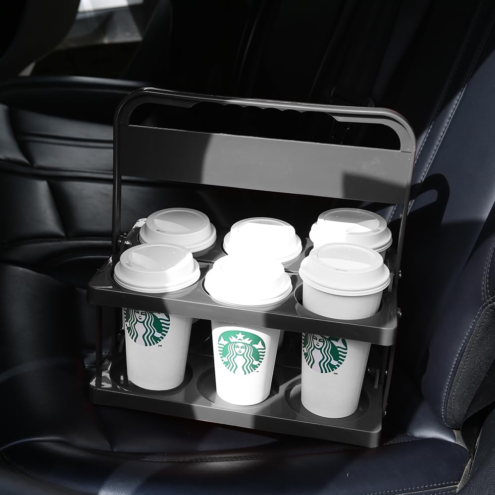 Bodaon 6 Cup Drink Carrier with Handle, Plastic Cup Carriers for Drinks, Drink Holder for Car, Take Out Delivery Drivers Accessories, Portable Foldable Reusable Mobile, Use for Food Delivery Bag