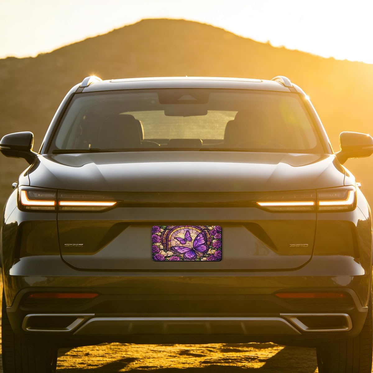 Butterfly Rose Stained Glass Front License Plate Purple Floral Vintage Car Decorative License Plates Aluminum Metal Decor Accessory Novelty Vanity Tag Cover with 4 Holes for Men Women 6" X 12"