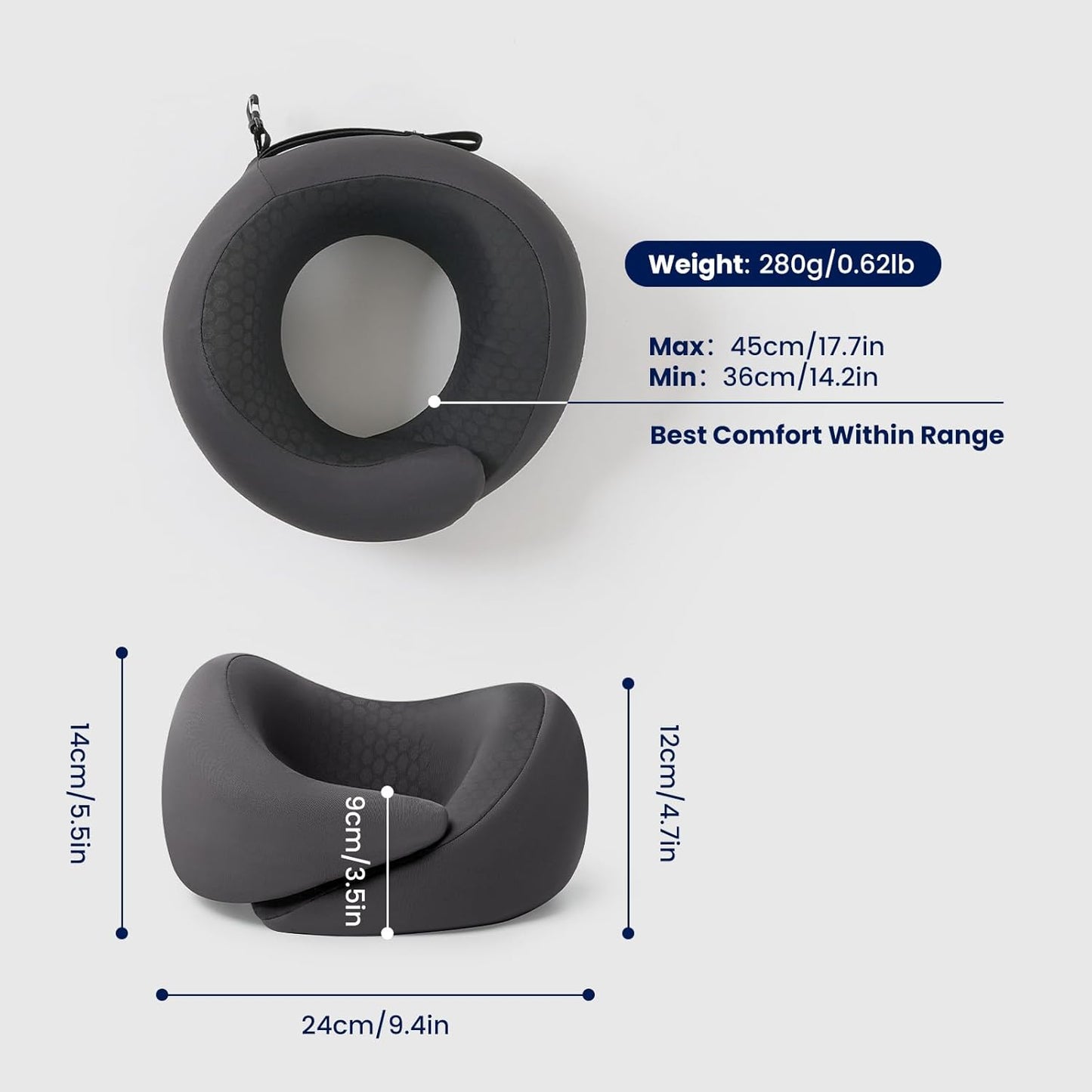 Dream Valley® Neck Travel Pillow, Memory Foam Travel Pillow for Airplane, Portable Roll-Up Neck Pillow with Cooling Inner Fabric, 360° Ergonomic Support, No Head Bobbing, Charcoal Gray
