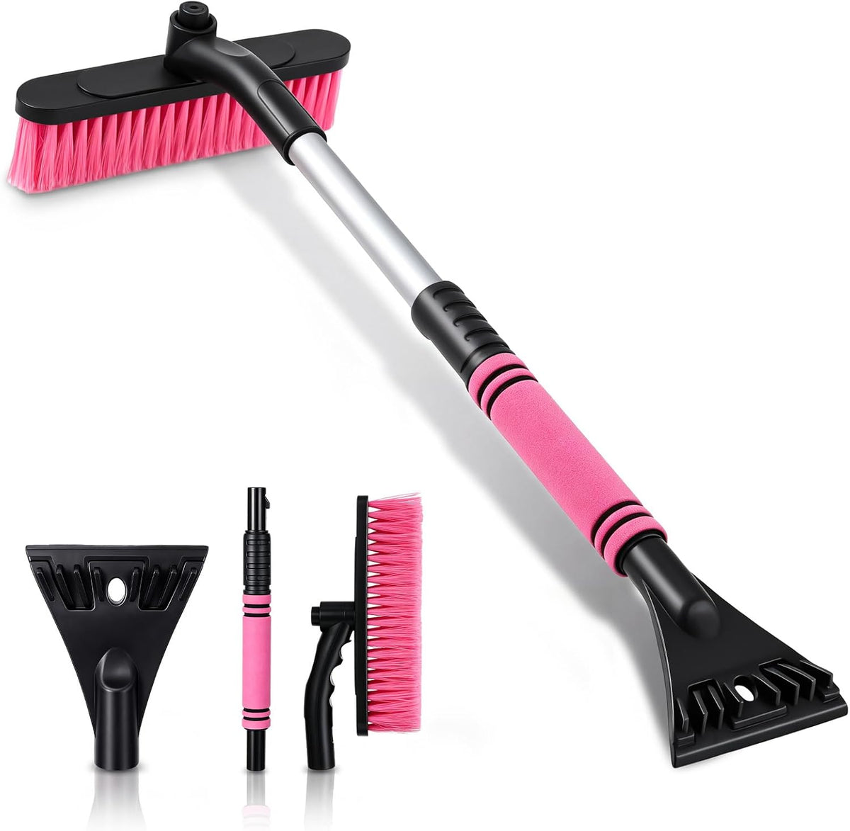 Ceenna 32" Extendable Snow Brush and Ice Scraper for Car Windshield, Pink 2 in 1 Detachable Snow Scraper with Soft Grip Handle, Rotating Brush Head Multi-Functional Removal Tool for Car, Truck, SUV