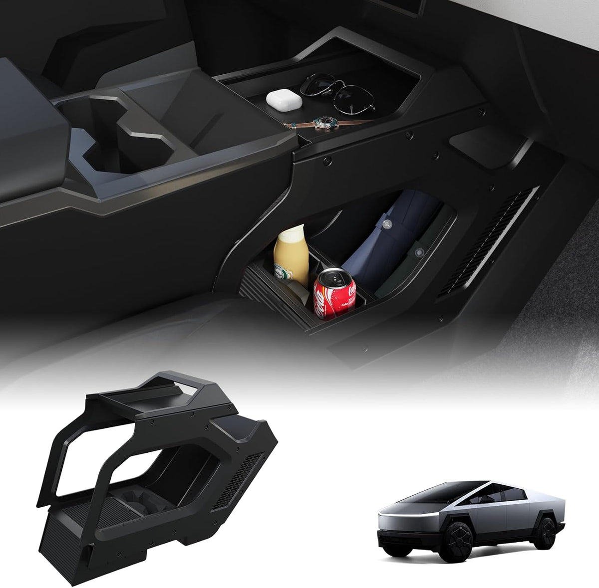 Lower Center Console Organizer for Cyber Truck 2023 2024 2025 2026, Custom Fit Double-Layer Floor Storage Tray Insert, Cyber Truck Accessories Interior Storage Box (Interior Black)
