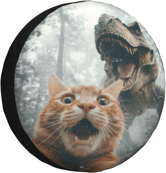 Cat Selfie with Dinosaur Spare Tire Cover Waterproof Wheel Cover 15 Inch Universal Fit for Jeep Trailer Rv SUV Truck Uv Protection Dustproof Tire Cover Outdoor Travel Camping Gift