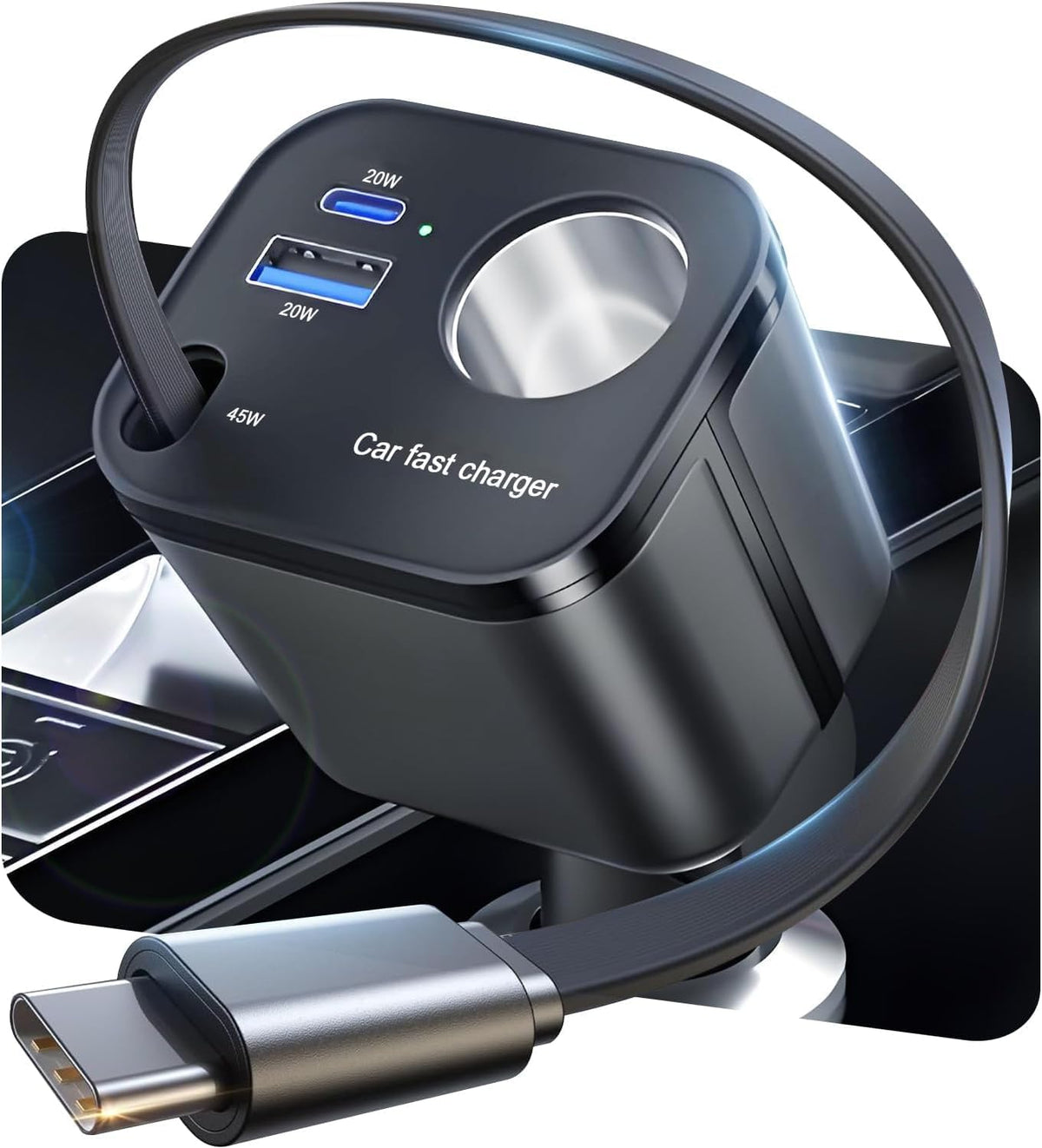 4 in 1 Retractable Car Charger, 145W USB C Cigarette Lighter Adapter