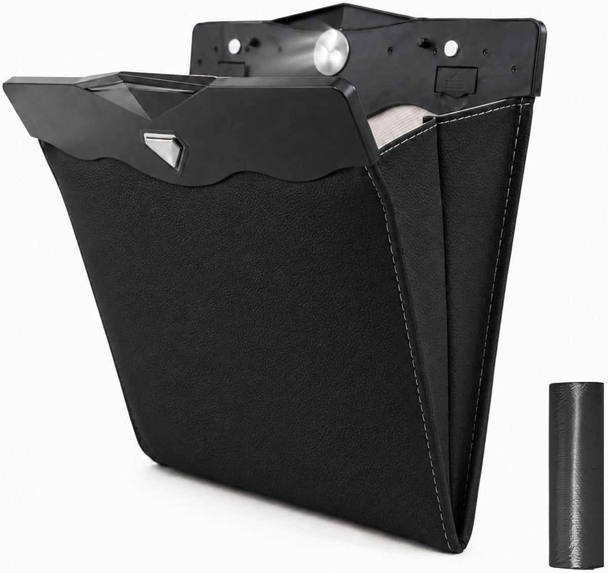 LED Car Trash Can, Leather Garbage Bin (Black)