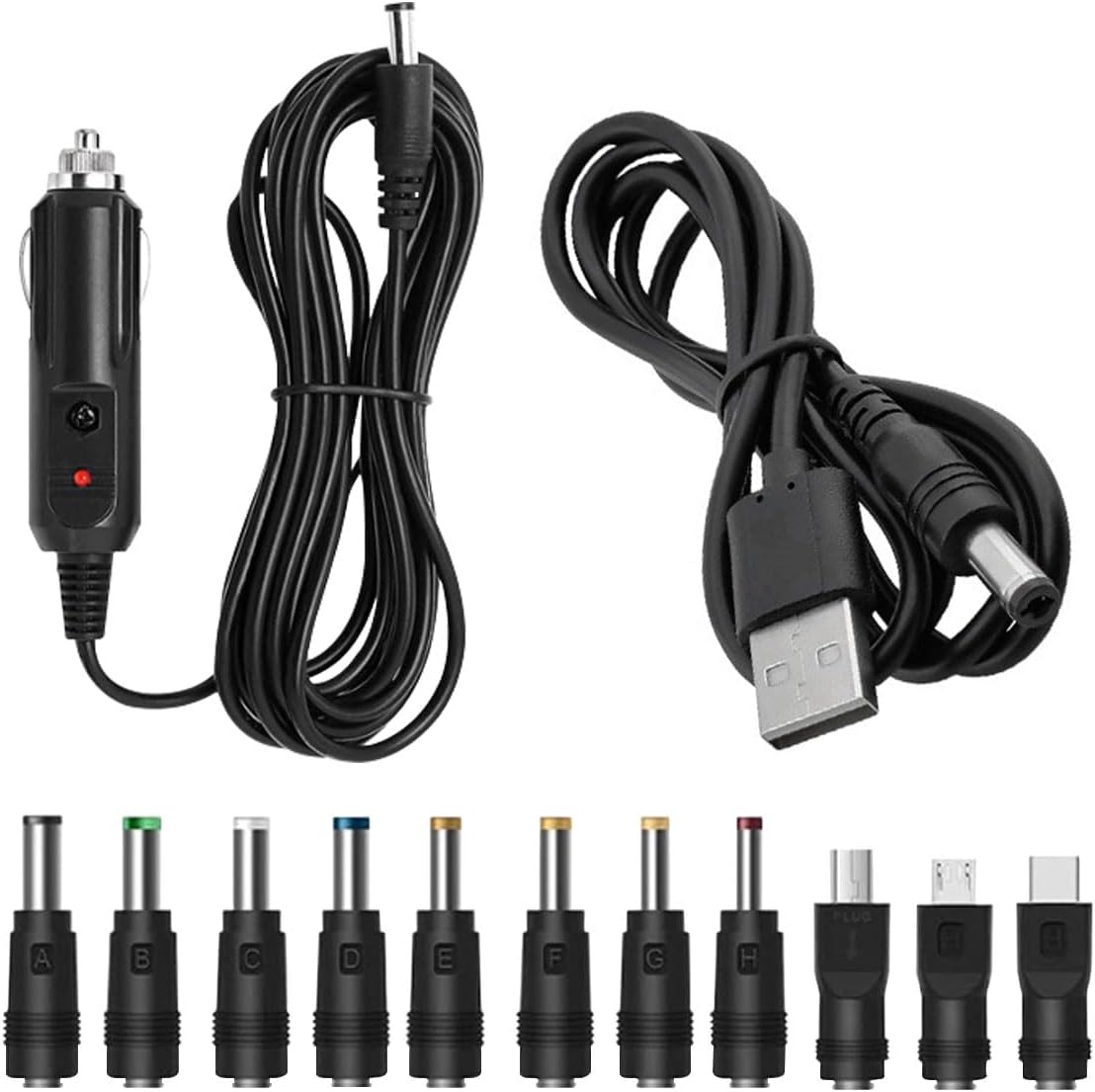 12V Car Charger with 5V DC Power Cable, Universal DC 5.5x2.1mm Plug Power Cord with 11 Connectors, Cigarette Lighter Plug Charging Cable for DVD Player, GPS, Camera, Bluetooth Speaker