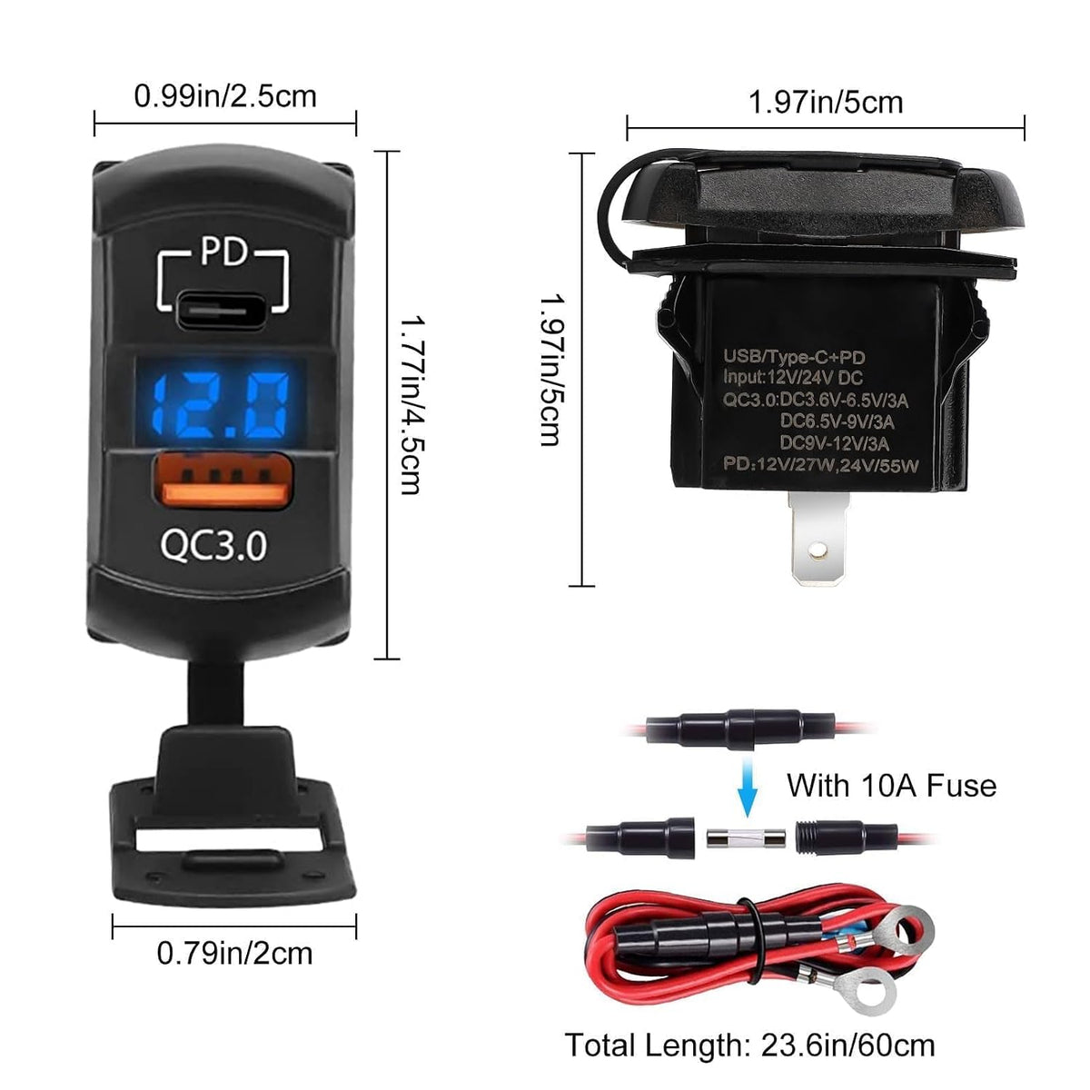 Linkstyle Car Rocker Switch Outlet, 36W QC3.0 USB-A Port & 55W PD Port Charger Socket with LED Voltmeter for 12V/24V RV Boat Motorcycle