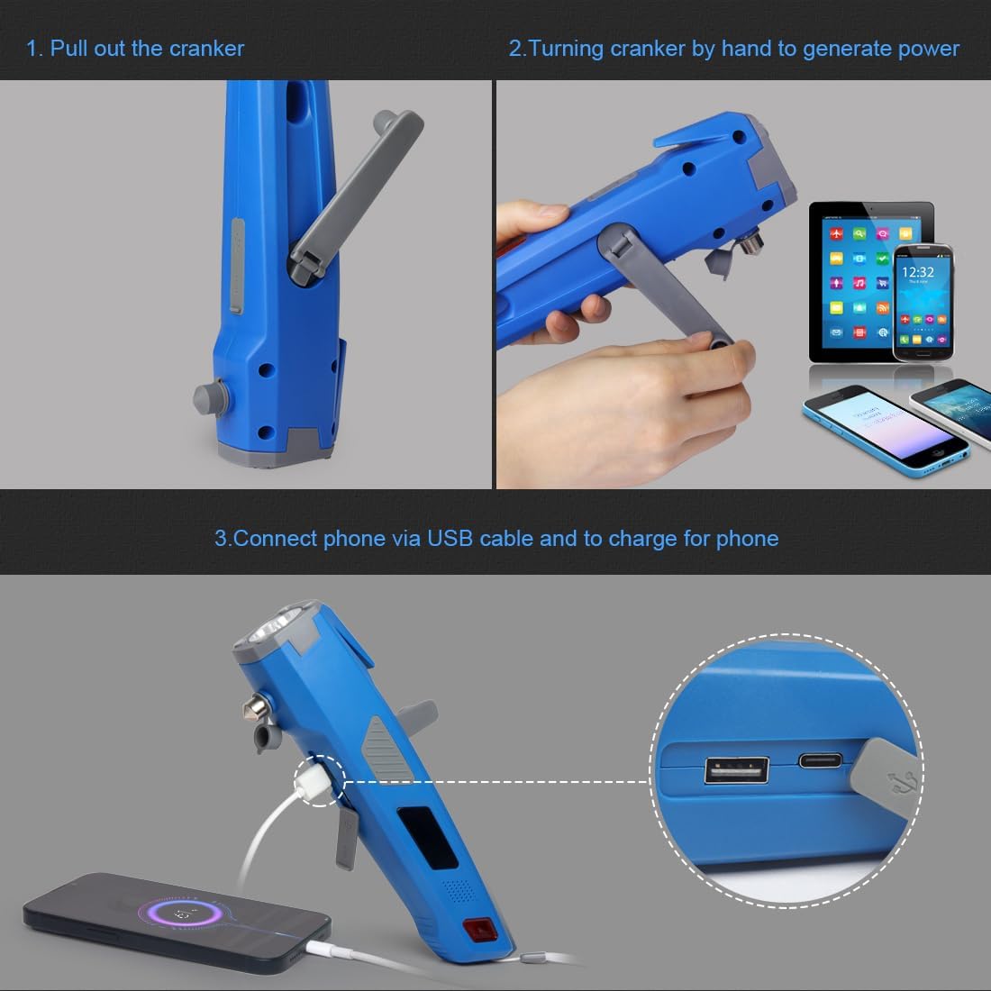 LUXON 8-in-1 Car Emergency Escape Safety Tool Kit:Window Breaker,Seat Belt Cutter,LED Flashlight,Rescue Tool USB Charger,Sire Blink Light, Hand Cranking Charge,Magnetic for Vehicle Escape(Blue)