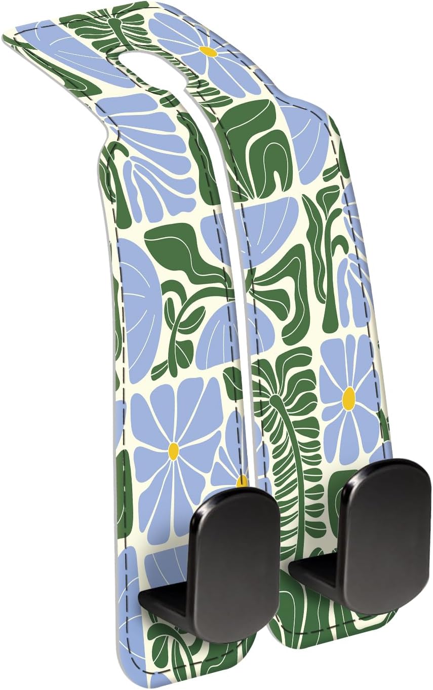 Car Seat Back Storage Headrest Hook, Premium Leather Double Metal Hook, Hanger Storage Organizer for Purse Cloth Bag, Car Interior Accessories Boho Blue Pattern