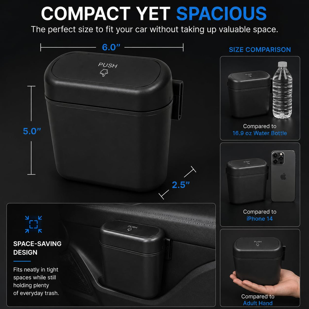Car Trash Bin with Clip & Bags, Push Lid, Black, 1-Pack