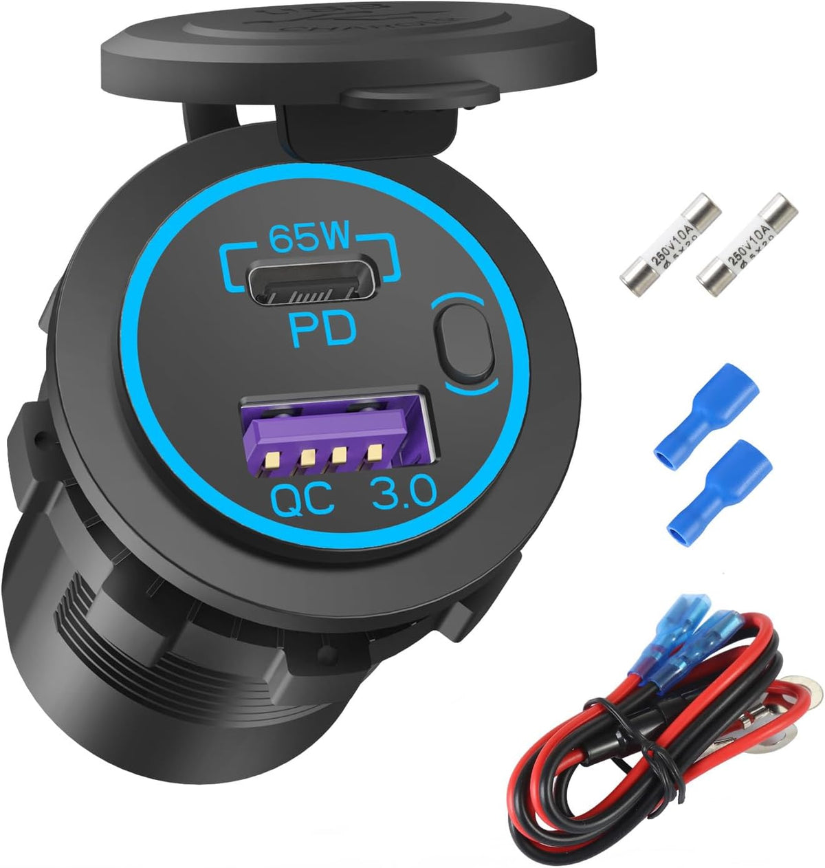 Boostable 12V USB C Outlet 65W PD3.0 Port and 18W Quick Charge 3.0 Car USB Charger Socket for Laptops Tablets Phones, Waterproof 12V/24V Socket with Power Switch for Car Marine Boat Motorcycle RV