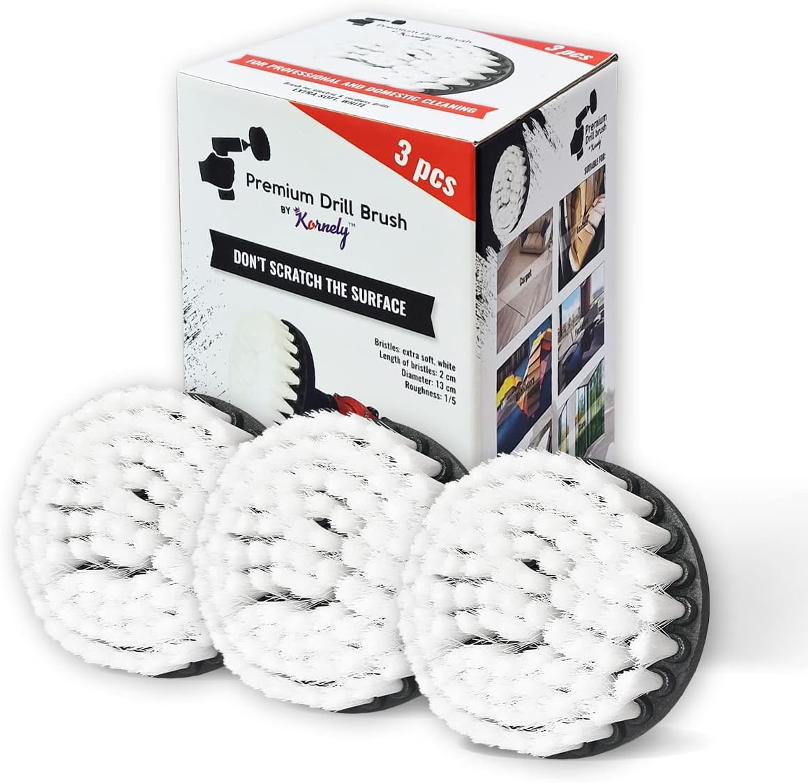 Premium Drill Brush Professional – Extra-Soft 5 in White Set of 3 | Scratch-Free Cleaning Brush for Carpet, Upholstery, Leather Seats, Glass, Furniture and Car Interior